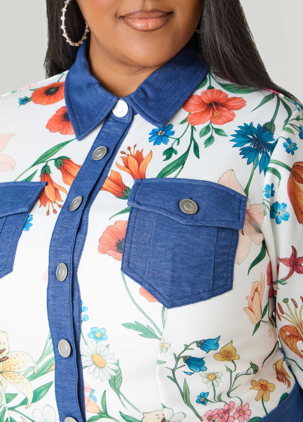 Denim Trimmed Floral Print Jacket White | Ashley Stewart