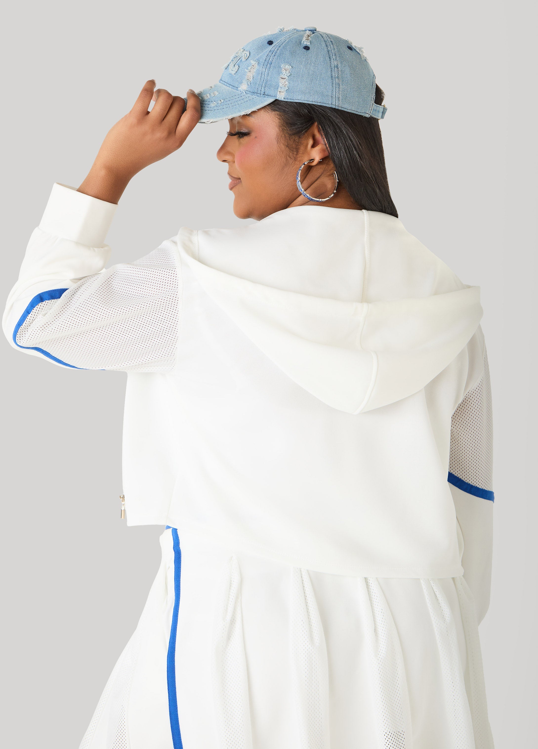 Cropped Mesh Paneled Track Jacket White | Ashley Stewart