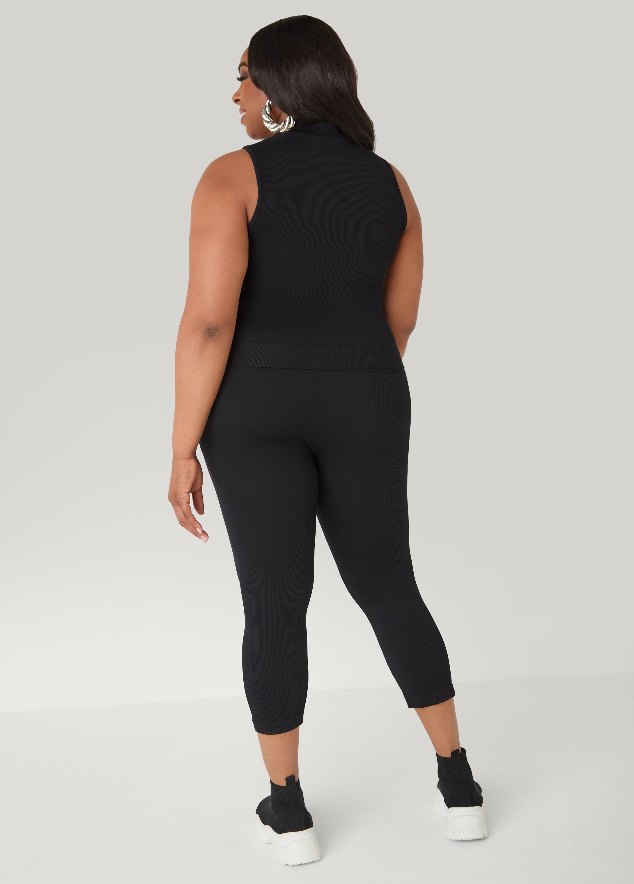Ribbed Mock Neck Top And Capri Set Red | Ashley Stewart