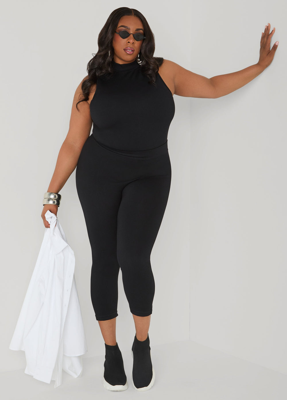 Ribbed Mock Neck Top And Capri Set Red | Ashley Stewart