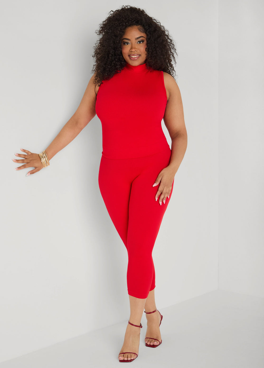 Ribbed Mock Neck Top And Capri Set Red | Ashley Stewart