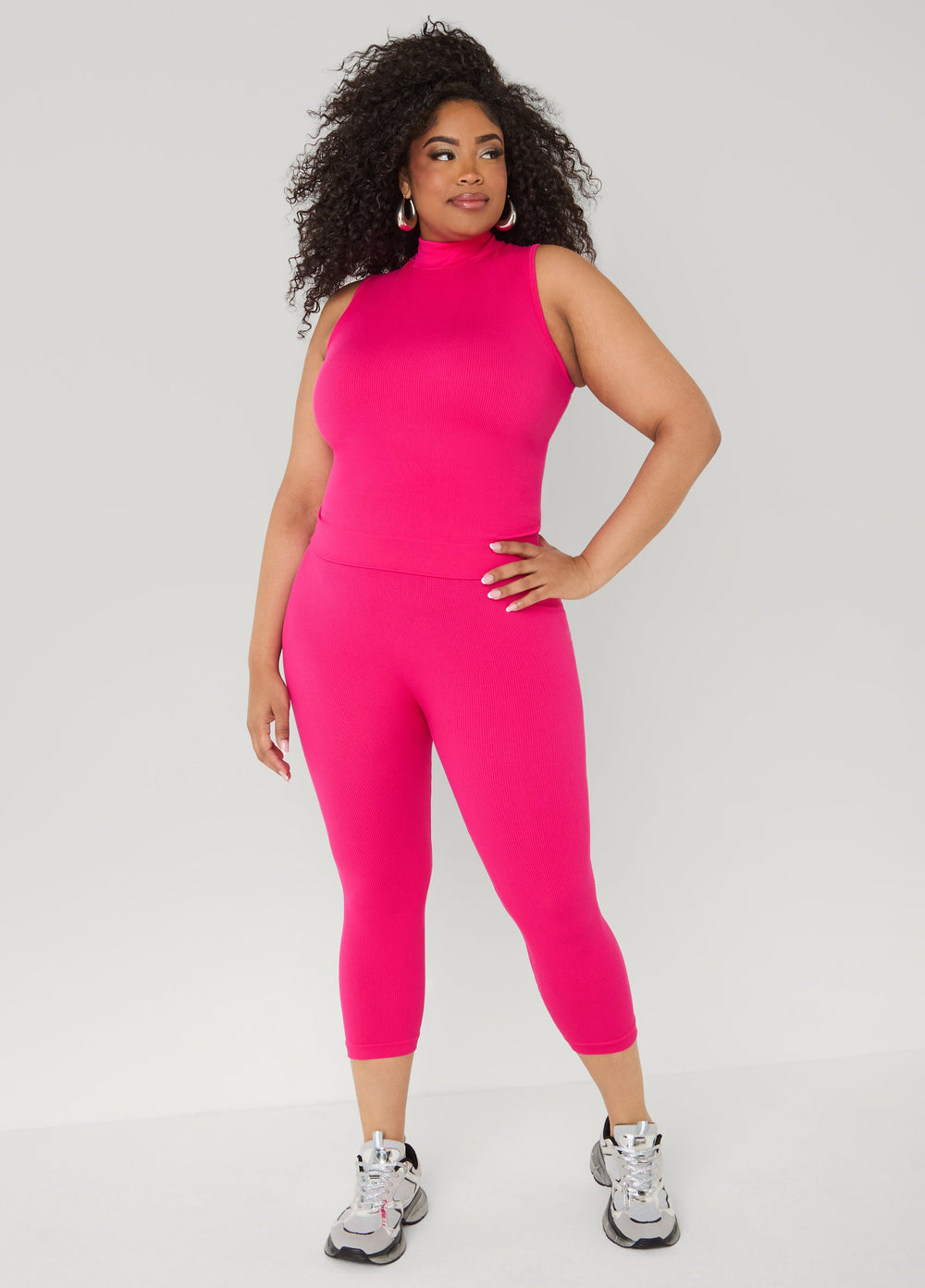Ribbed Mock Neck Top And Capri Set Red | Ashley Stewart