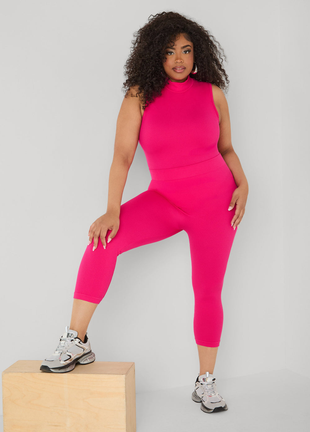 Ribbed Mock Neck Top And Capri Set Red | Ashley Stewart