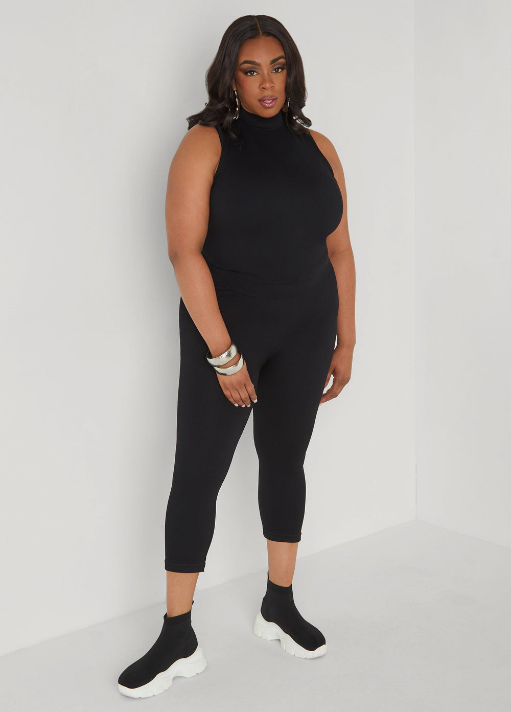 Ribbed Mock Neck Top And Capri Set Red | Ashley Stewart