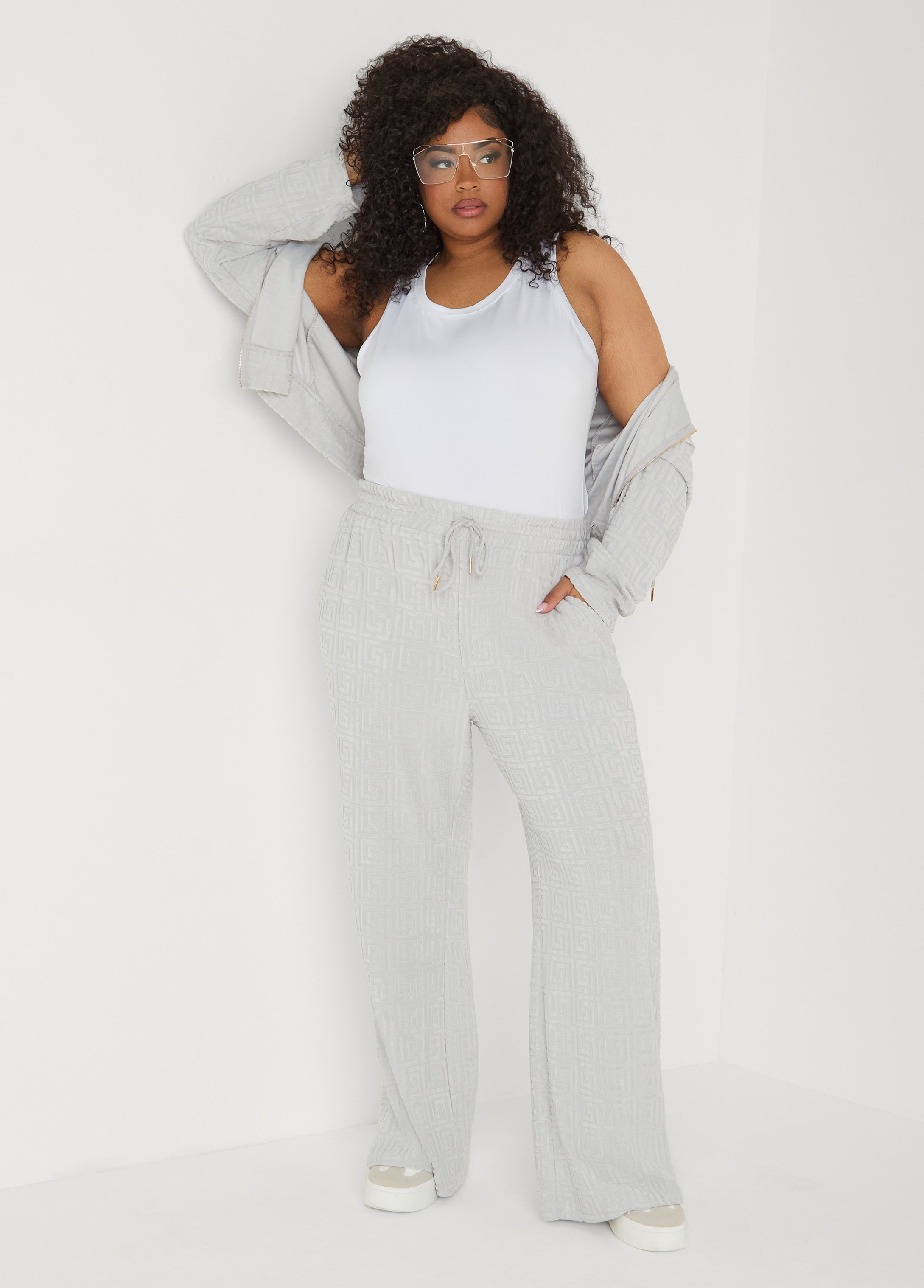 Greek Key Wide Leg Pants Coffee Bean | Ashley Stewart