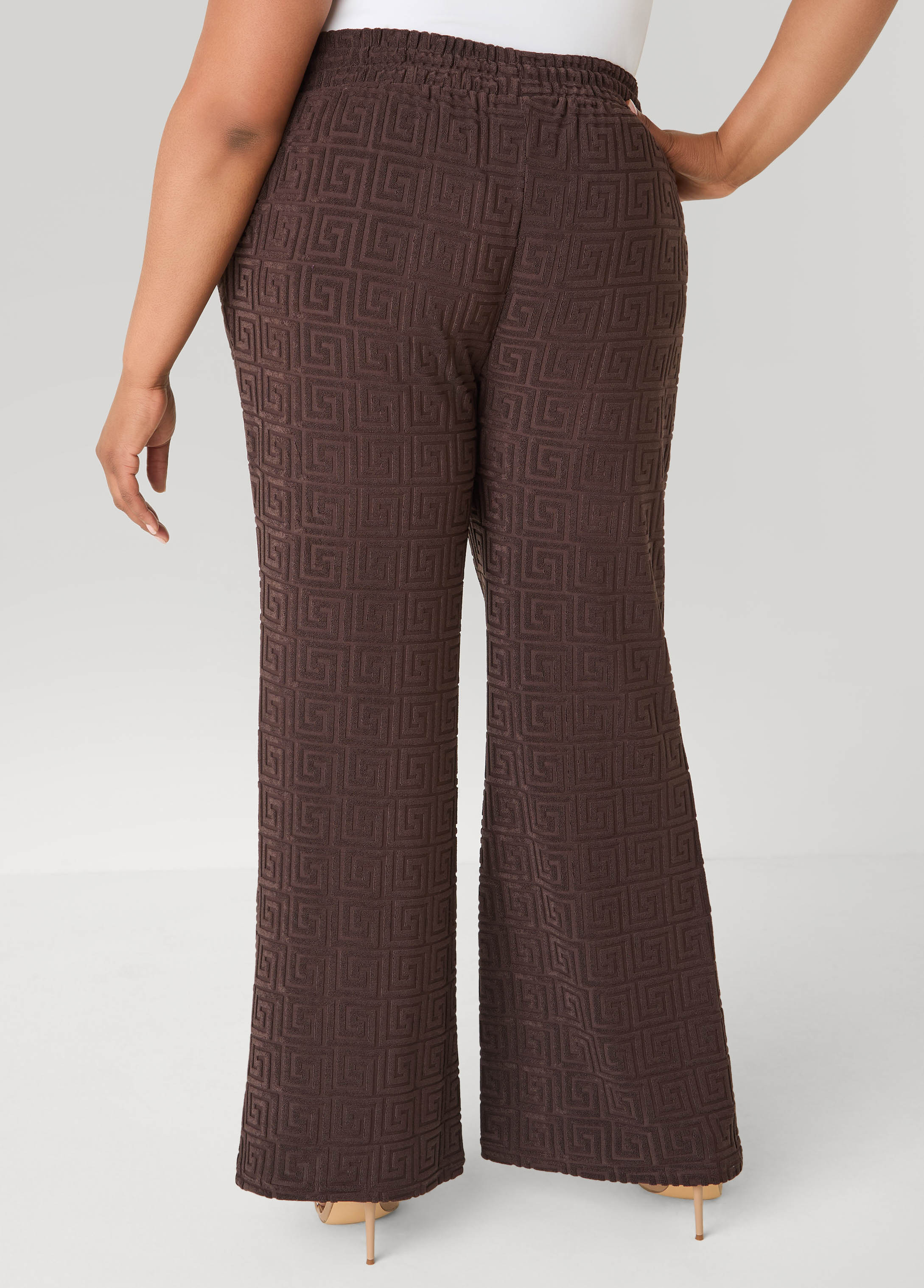 Greek Key Wide Leg Pants Coffee Bean | Ashley Stewart
