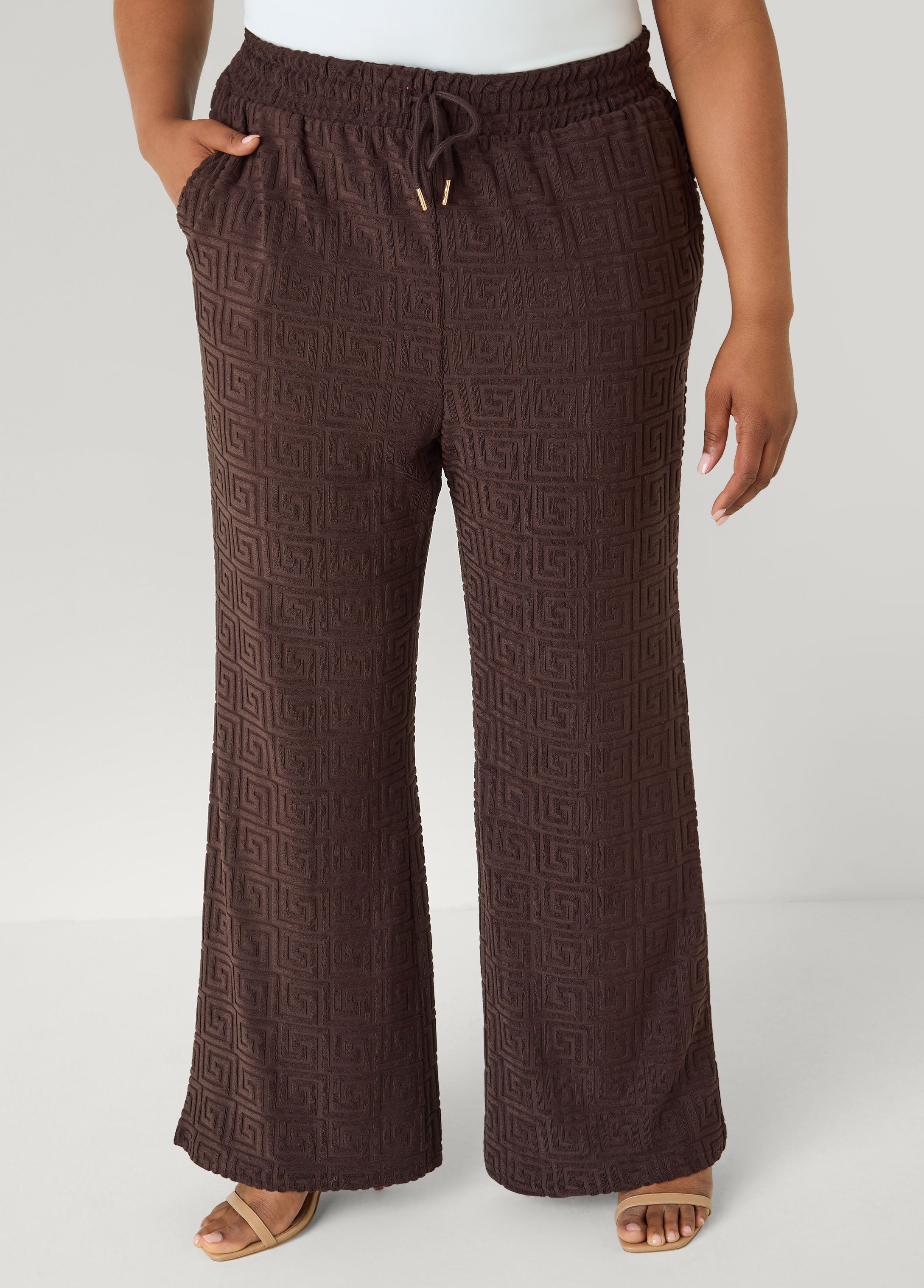 Greek Key Wide Leg Pants Coffee Bean | Ashley Stewart