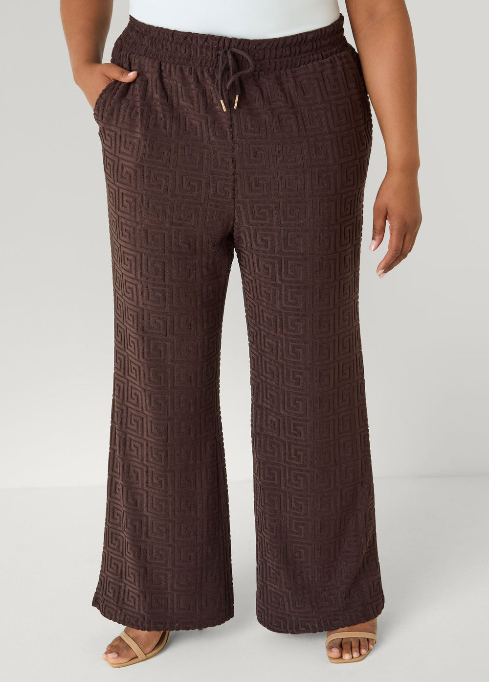 Greek Key Wide Leg Pants Coffee Bean | Ashley Stewart