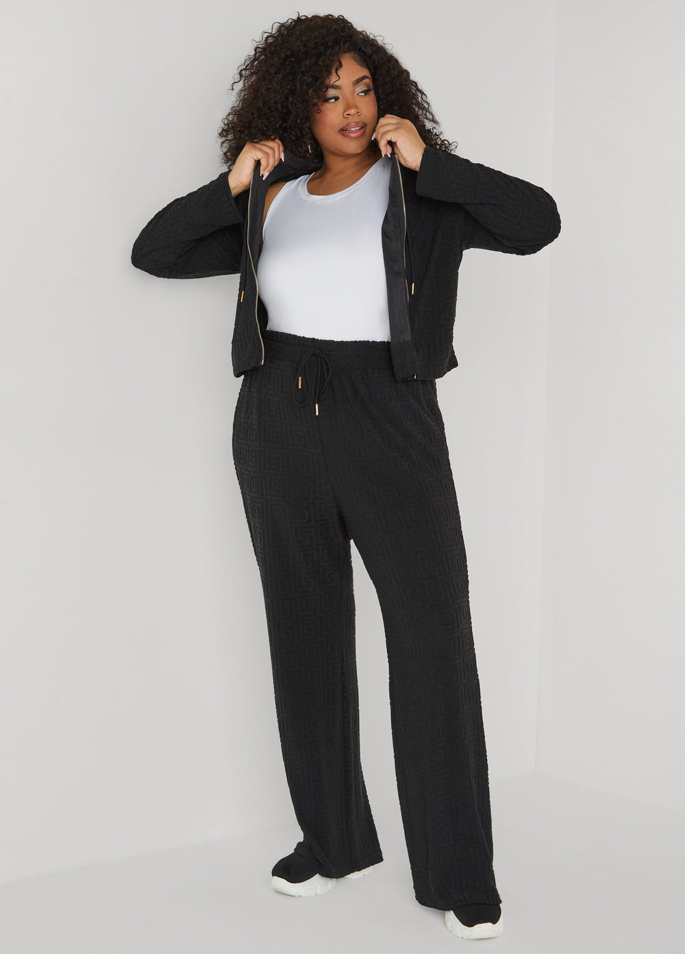 Greek Key Wide Leg Pants Coffee Bean | Ashley Stewart