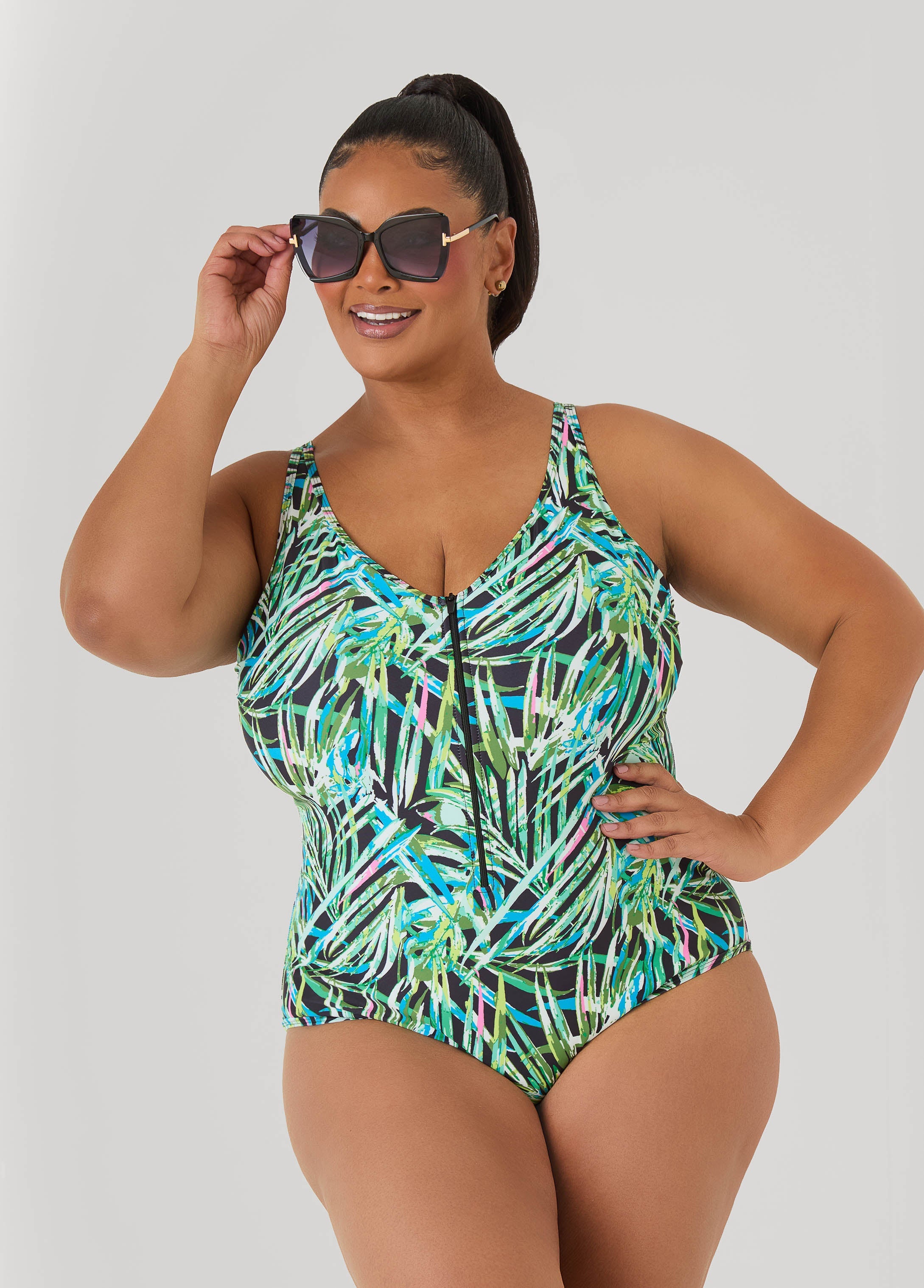 Tropical Zip Front Swimsuit Multi | Ashley Stewart