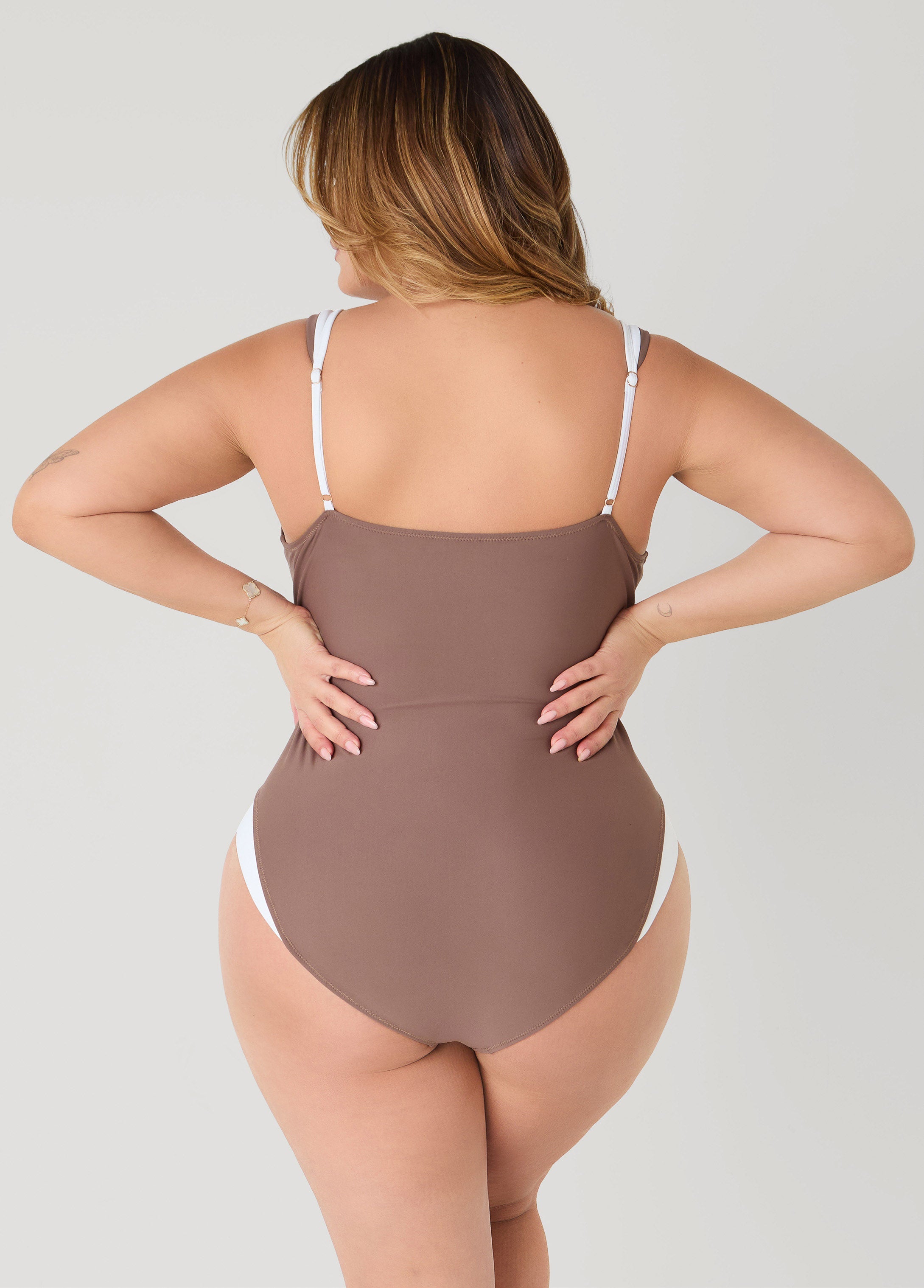 Two Tone U Ring Swimsuit Brown | Ashley Stewart