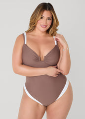 Two Tone U Ring Swimsuit Brown | Ashley Stewart