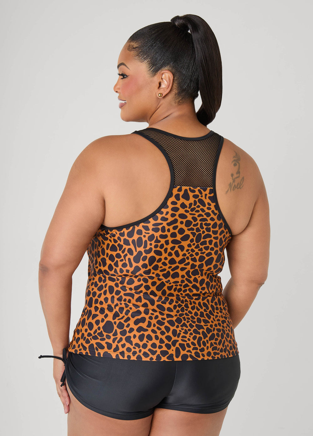 Mesh Paneled Animal Tankini Set Black Animal | Ashley Stewart