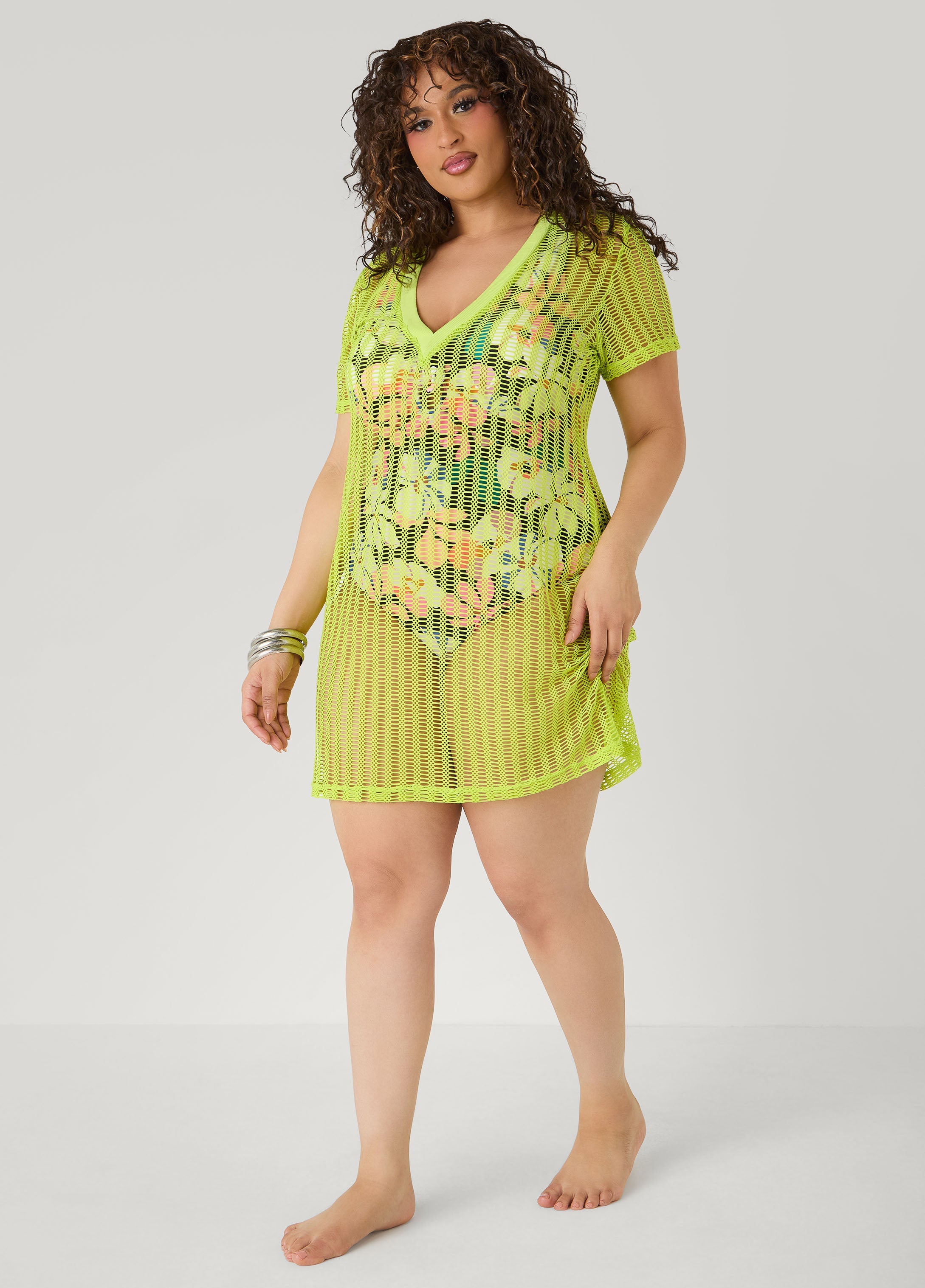 Given Kale V Neck Mesh Cover Up LIME GREEN | Ashley Stewart