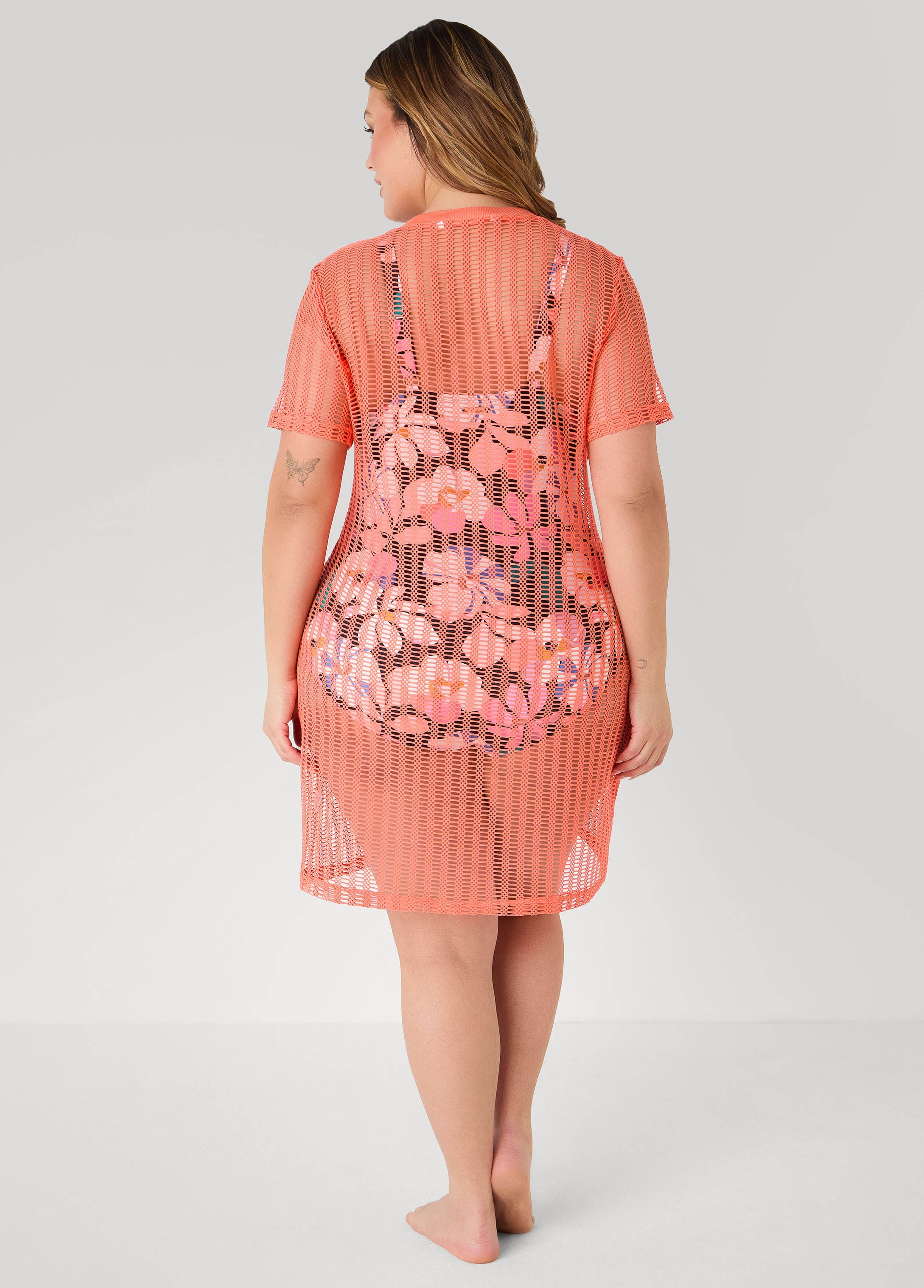 Given Kale Mesh V Neck Cover Up Coral | Ashley Stewart