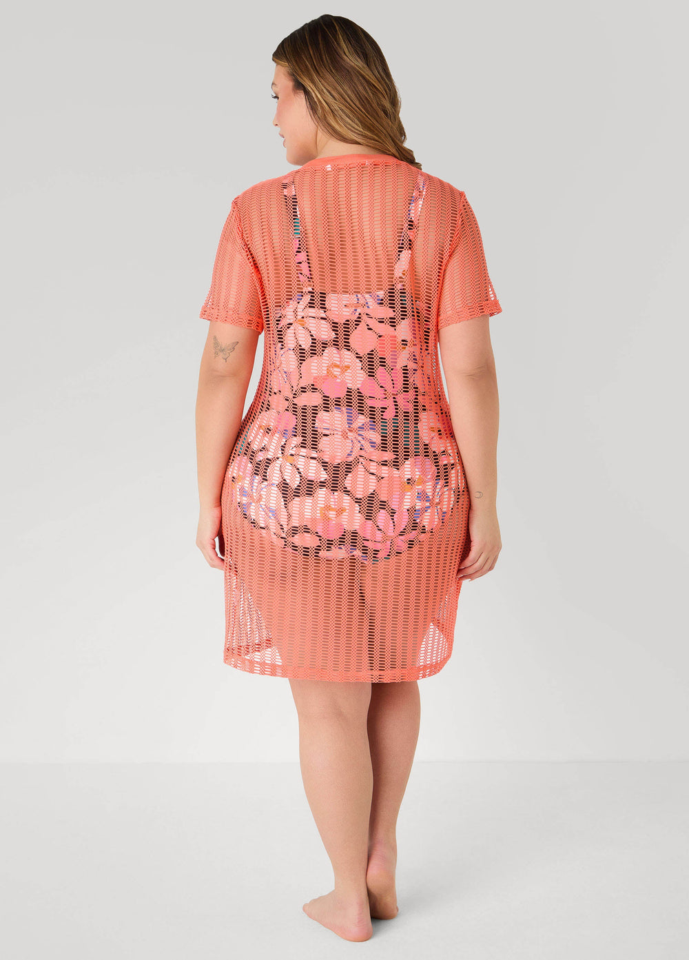 Given Kale Mesh V Neck Cover Up Coral | Ashley Stewart