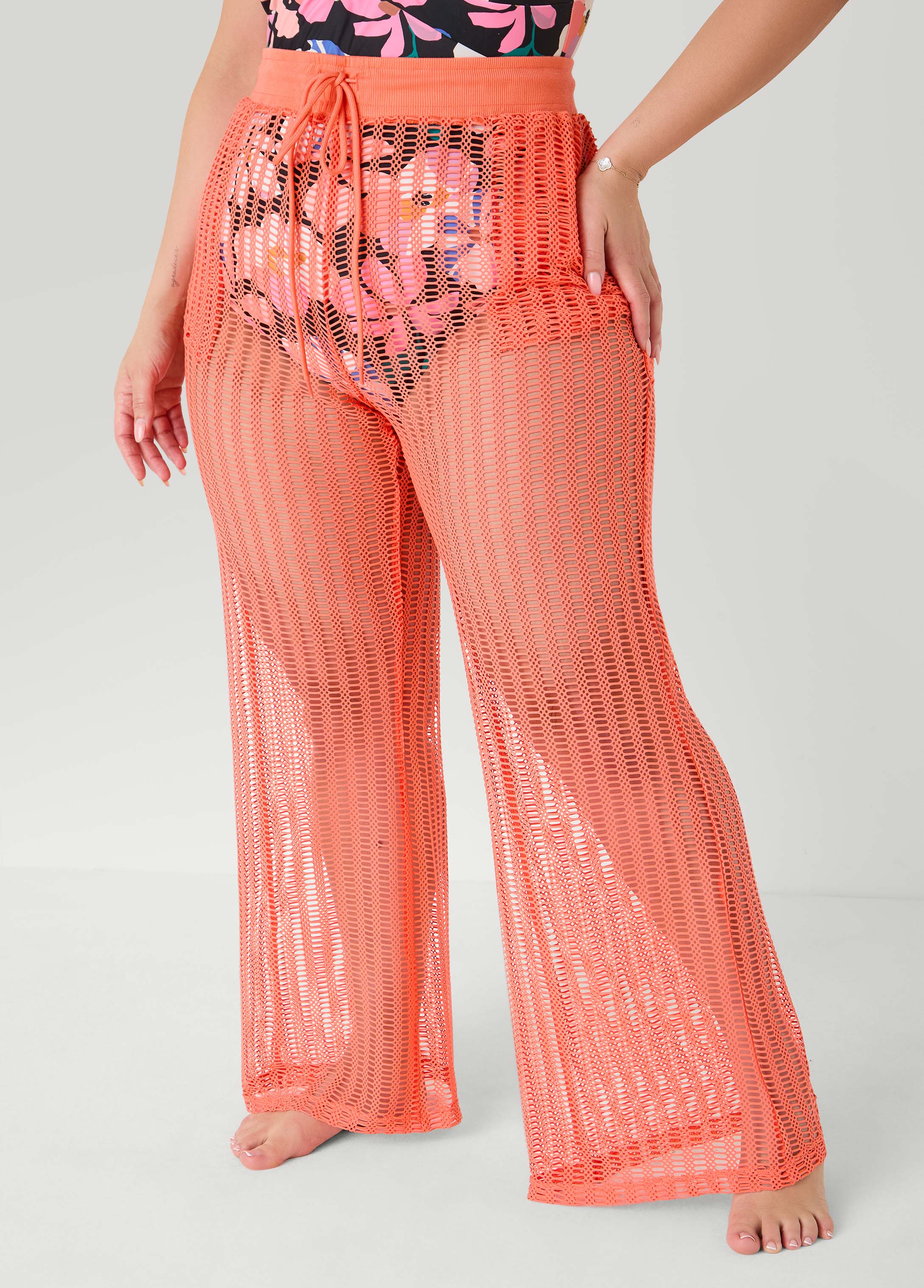 Given Kale Mesh Cover Up Pants Coral | Ashley Stewart