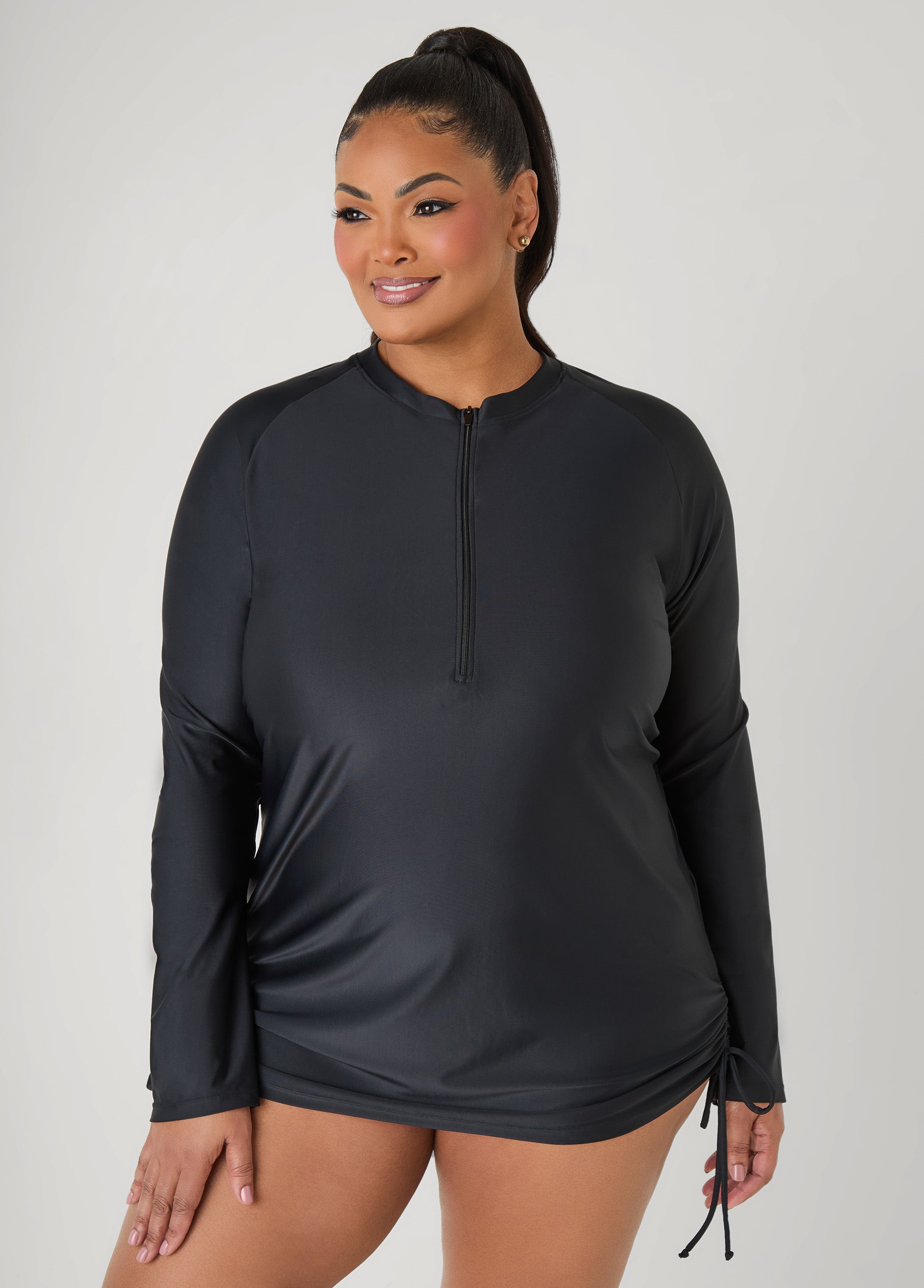 Drawstring Zip Front Cover Up Black | Ashley Stewart