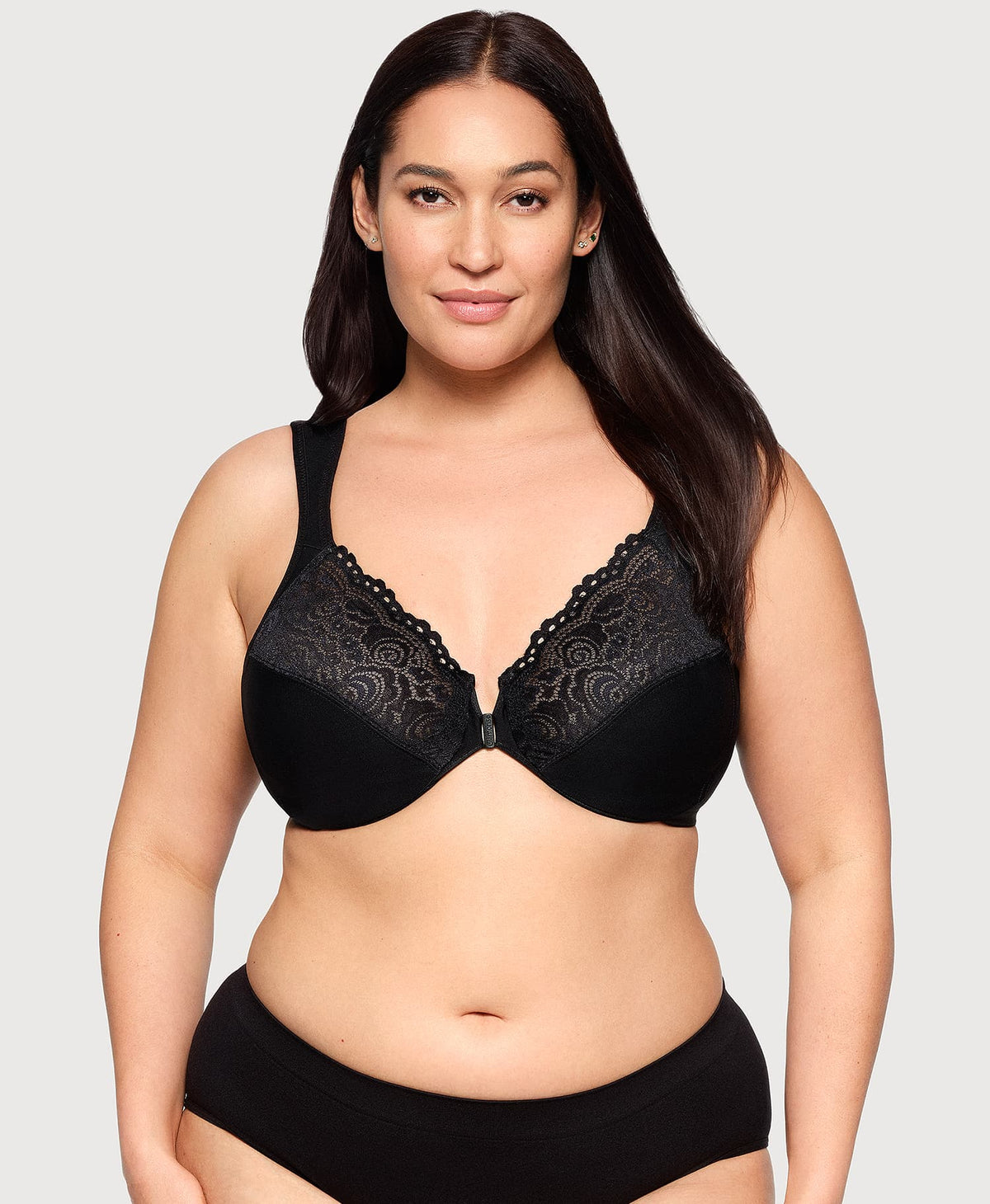 Front-Closure Posture Back WonderWire Lace Bra Black | Ashley Stewart