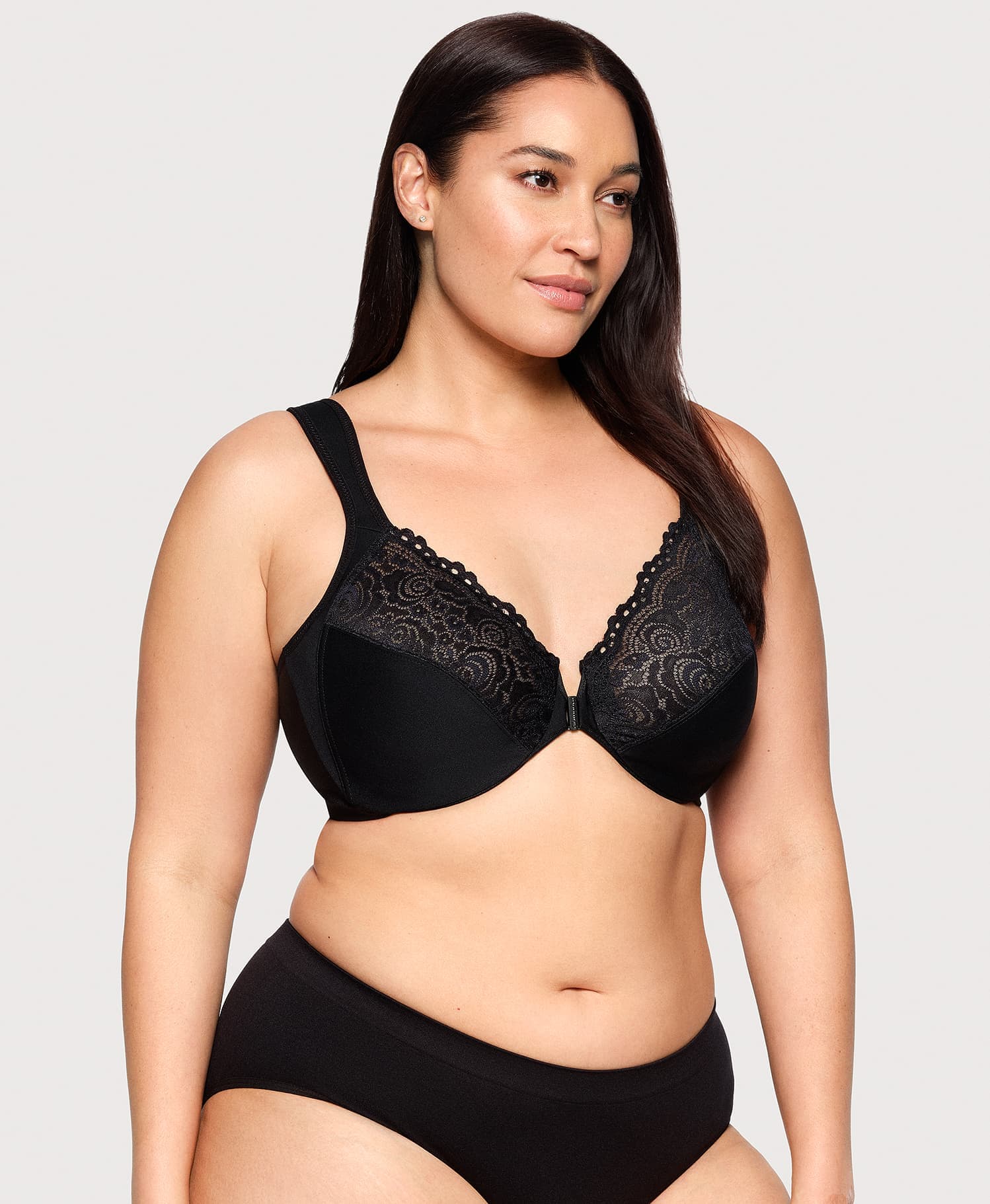 Front-Closure Posture Back WonderWire Lace Bra Black | Ashley Stewart