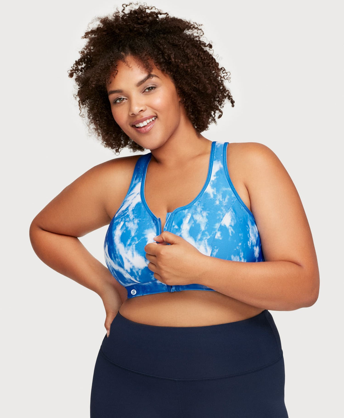 Front-Closure Zip Up Sports Bra Blue Blue Tie-Dye | Ashley Stewart
