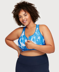 Front-Closure Zip Up Sports Bra Blue Blue Tie-Dye | Ashley Stewart