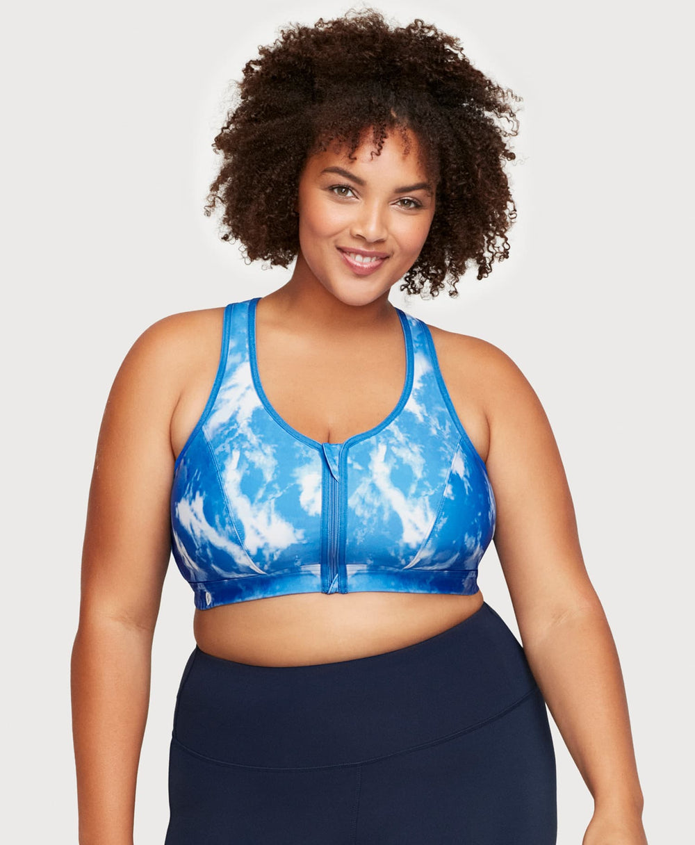 Front-Closure Zip Up Sports Bra Blue Blue Tie-Dye | Ashley Stewart