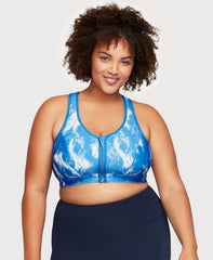 Front-Closure Zip Up Sports Bra Blue Blue Tie-Dye | Ashley Stewart