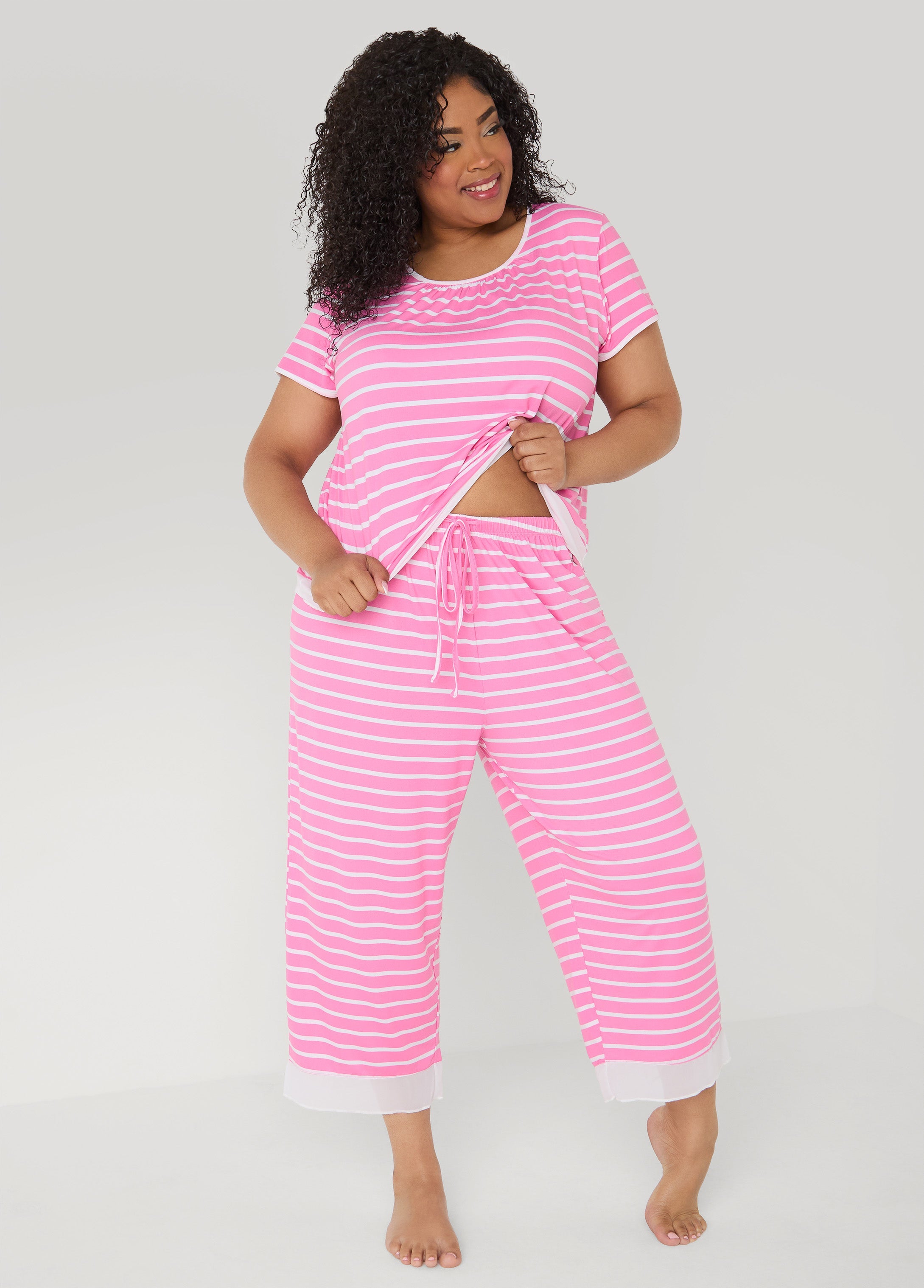 Ellen Tracy Striped PJ Capris Set Pink | Ashley Stewart