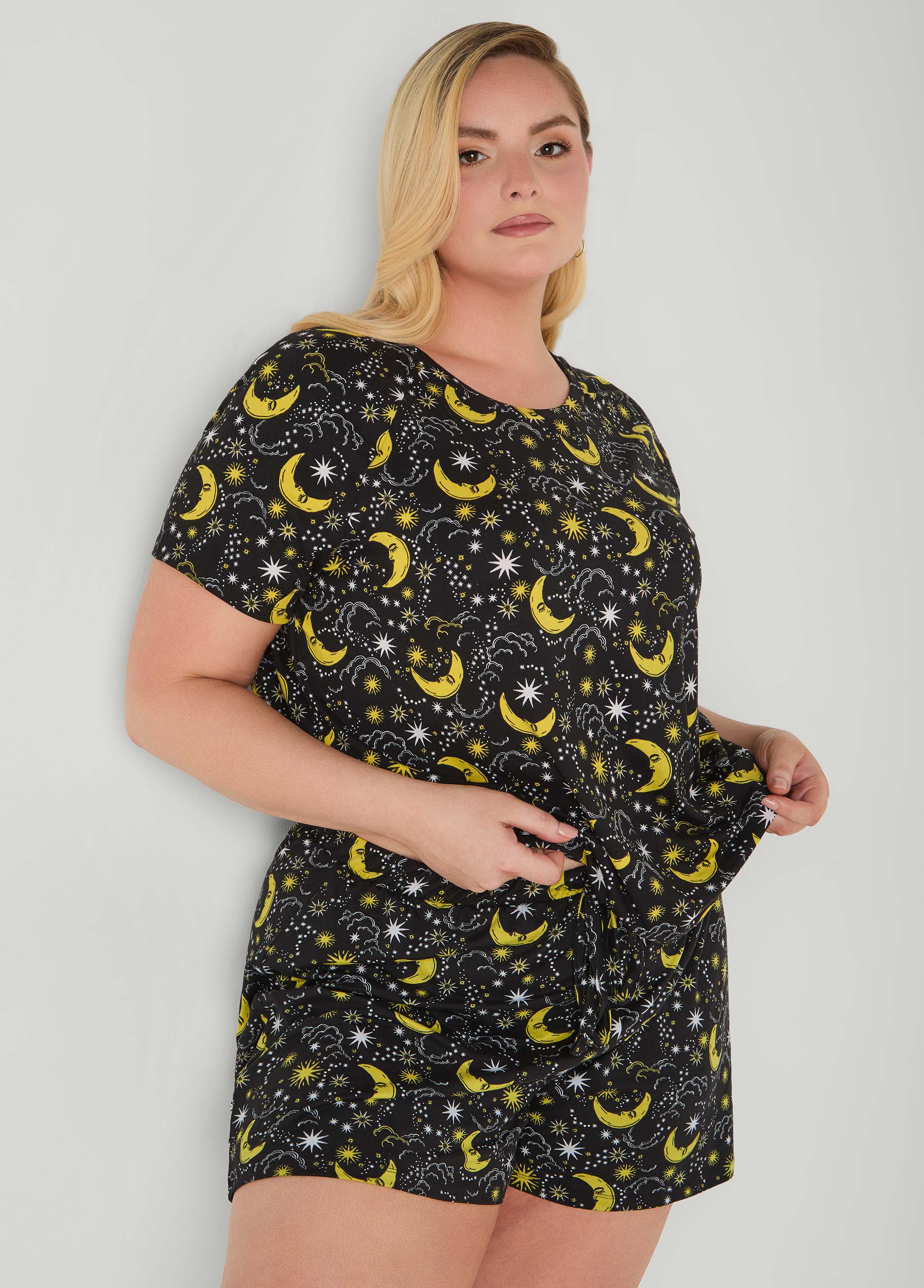 Moon To Noon Moon Print Short Set Black | Ashley Stewart