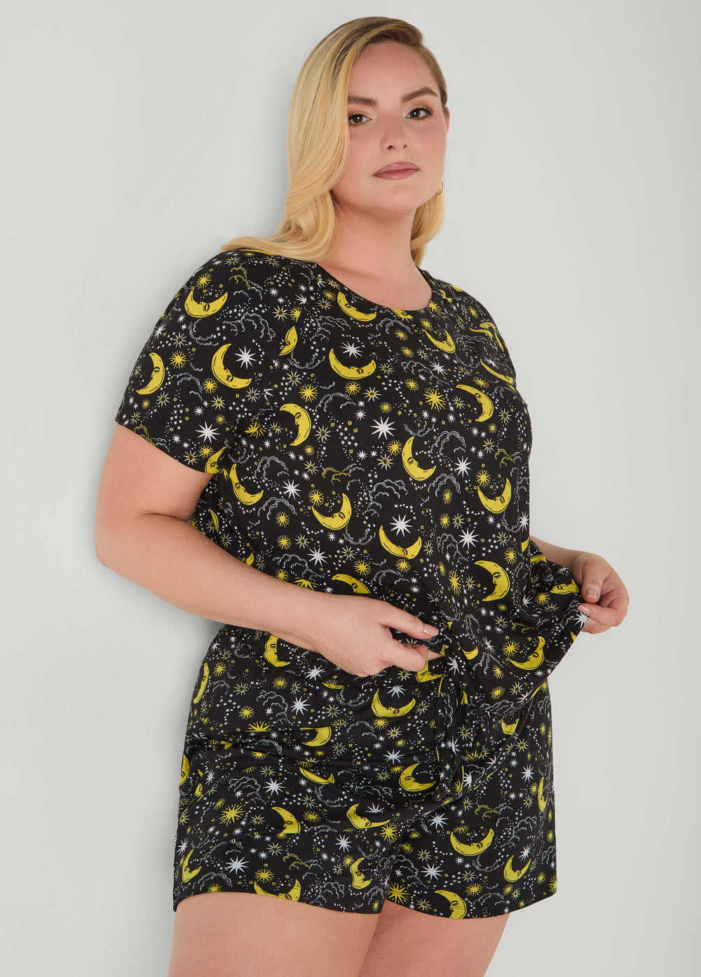 Moon To Noon Moon Print Short Set Black | Ashley Stewart