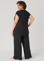 Textured V Neck Pajama Set Black | Ashley Stewart