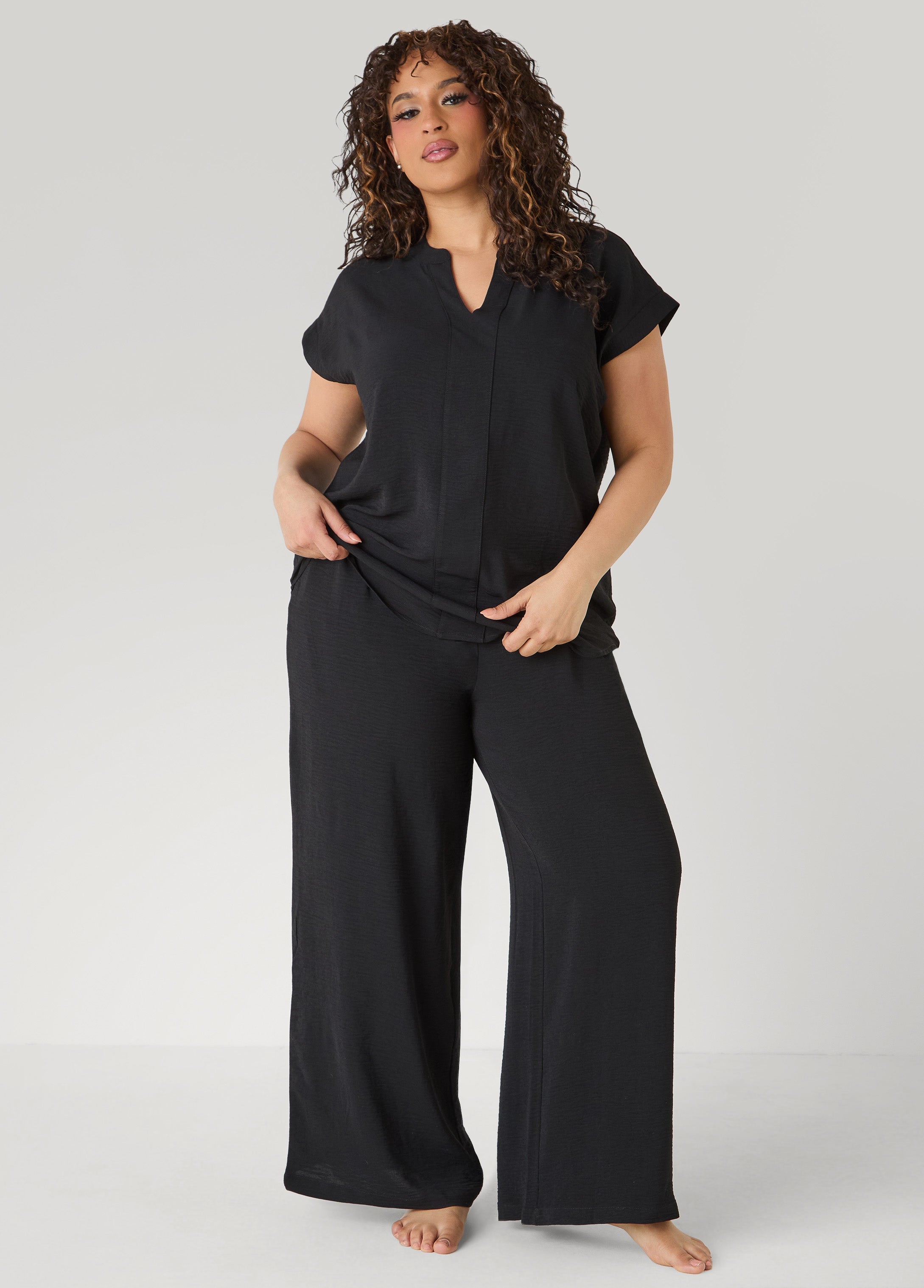 Textured V Neck Pajama Set Black | Ashley Stewart