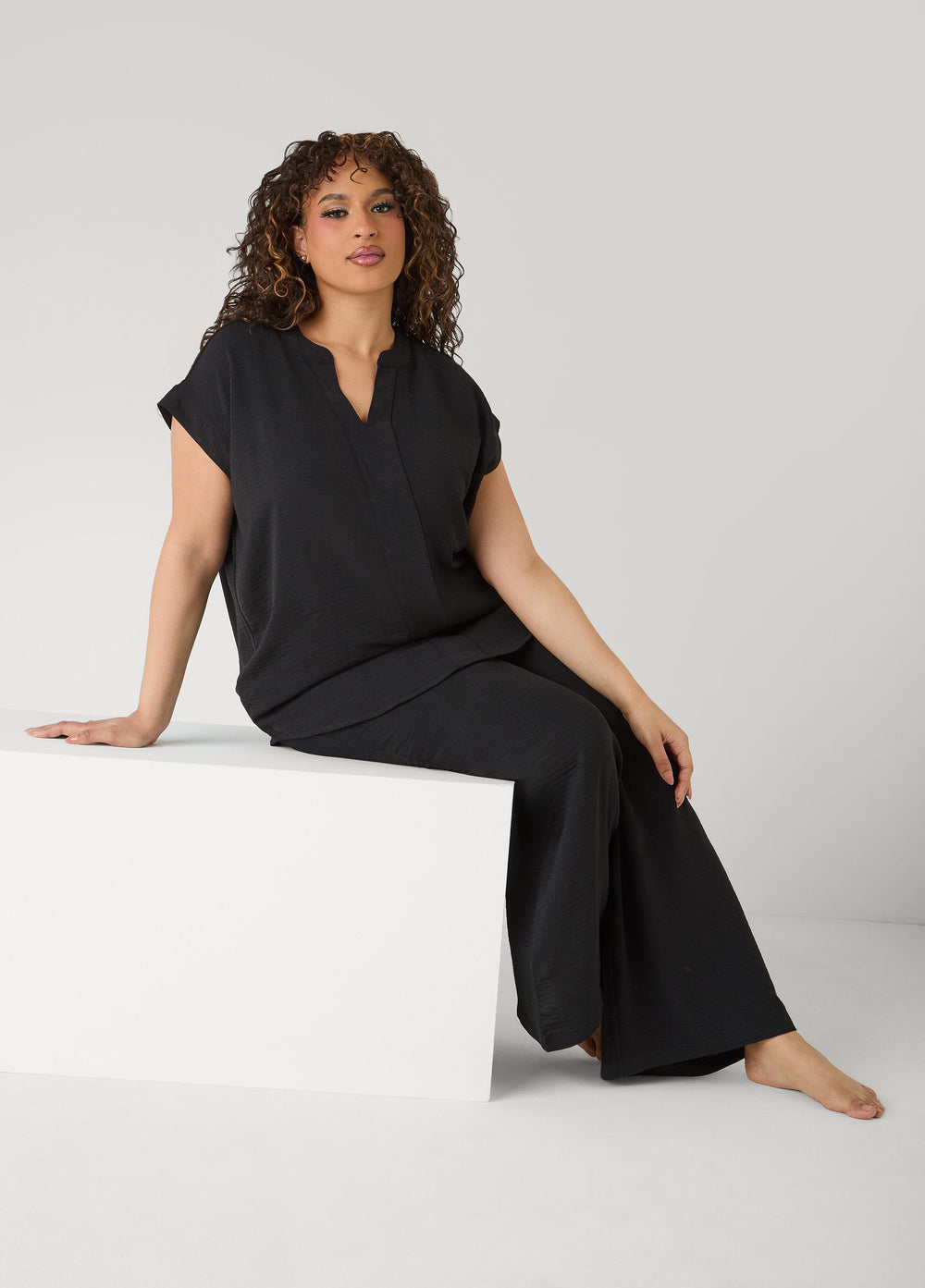 Textured V Neck Pajama Set Black | Ashley Stewart