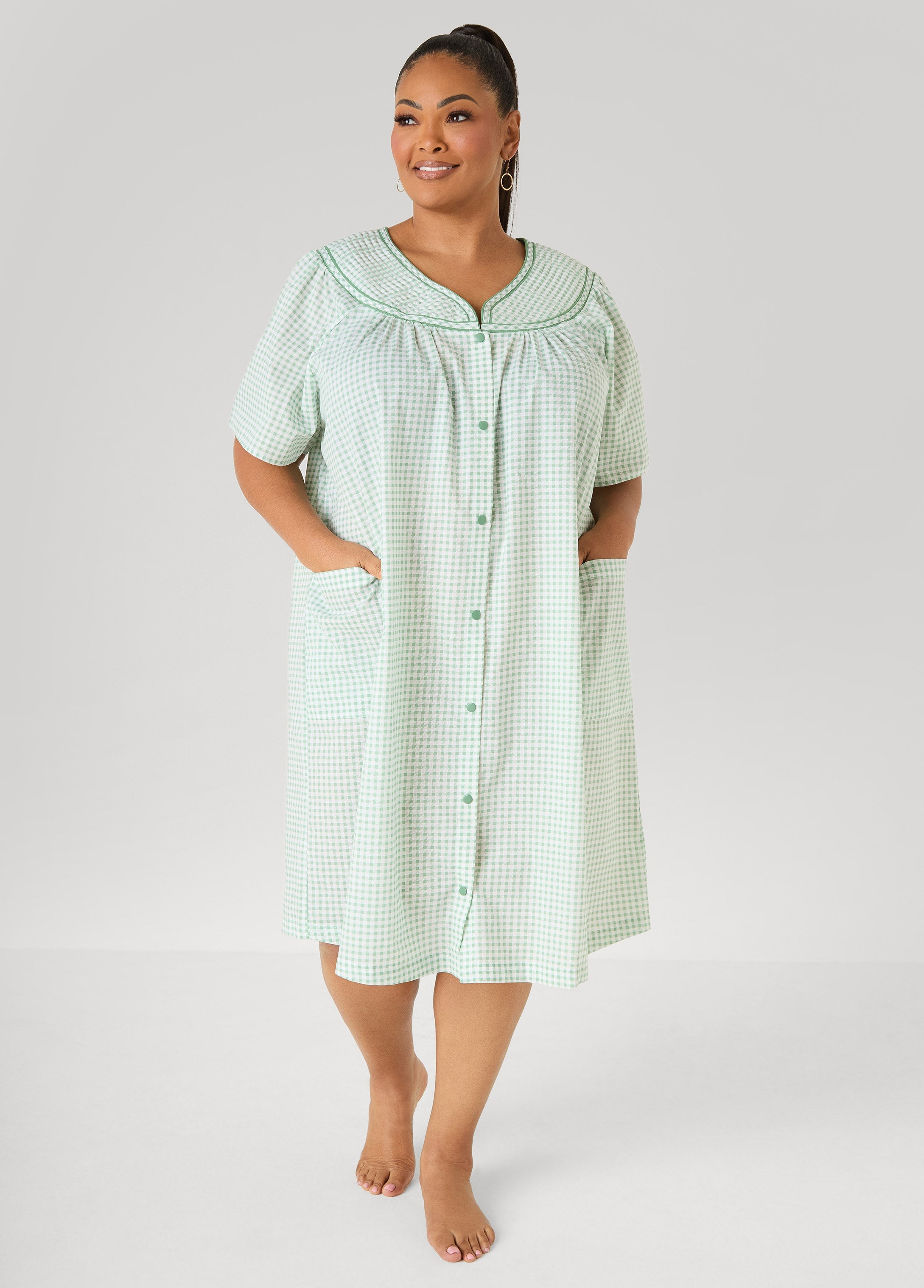 Moon To Noon Gingham Sleep Dress Green | Ashley Stewart