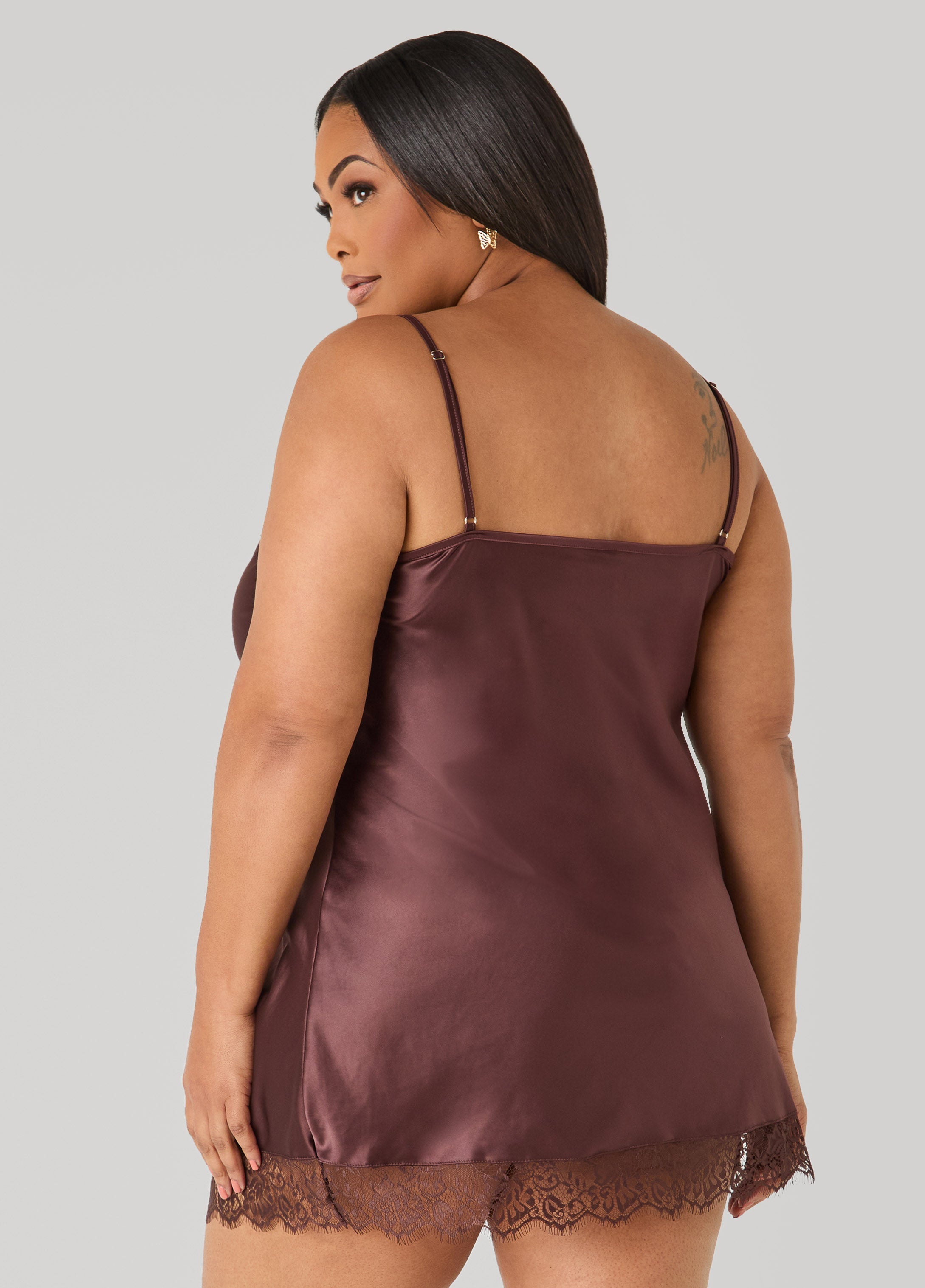 Lace Trimmed Satin Chemise Set Brown | Ashley Stewart