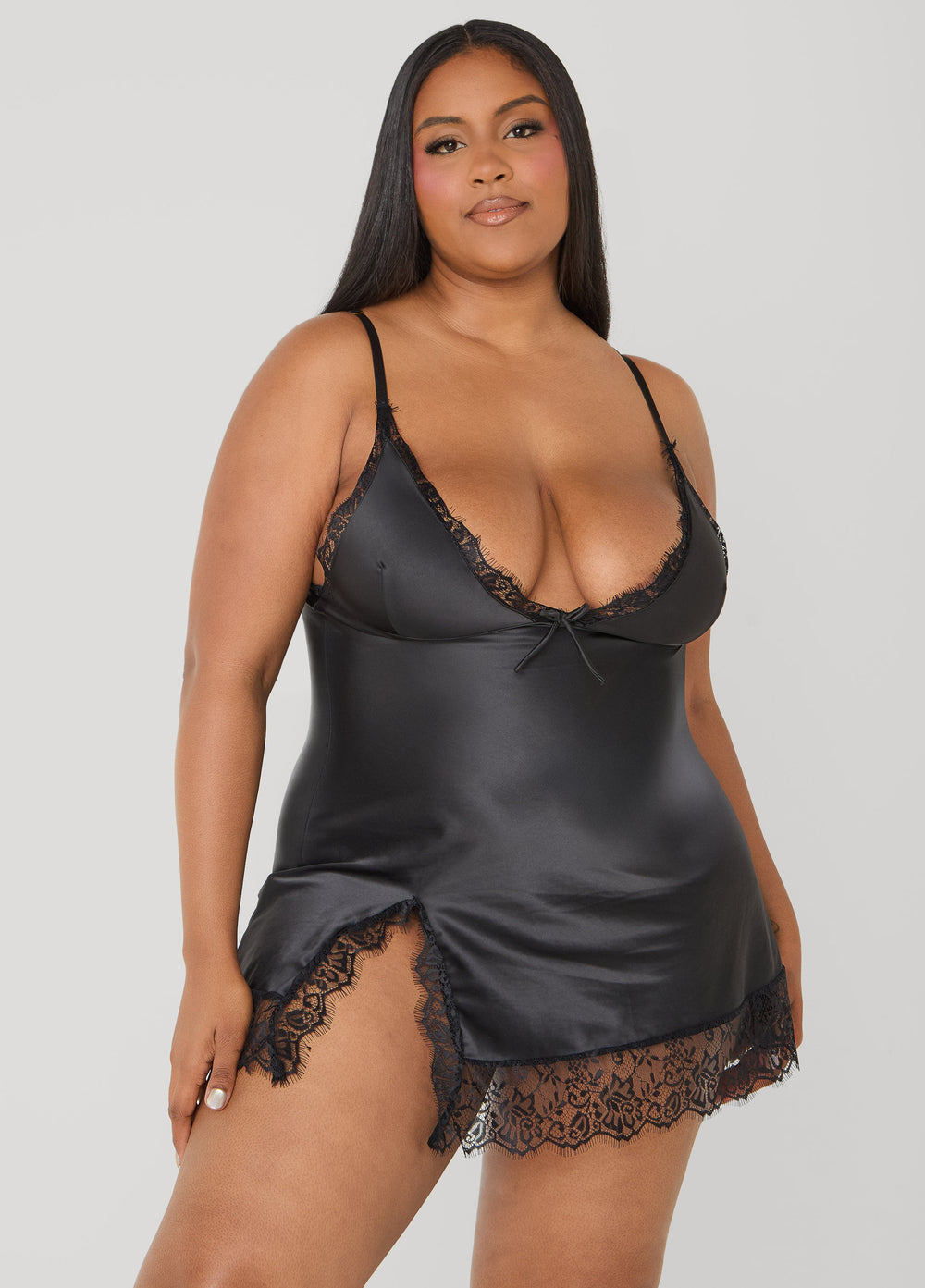 Lace Trimmed Satin Chemise Set Black | Ashley Stewart