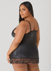 Lace Trimmed Satin Chemise Set Black | Ashley Stewart