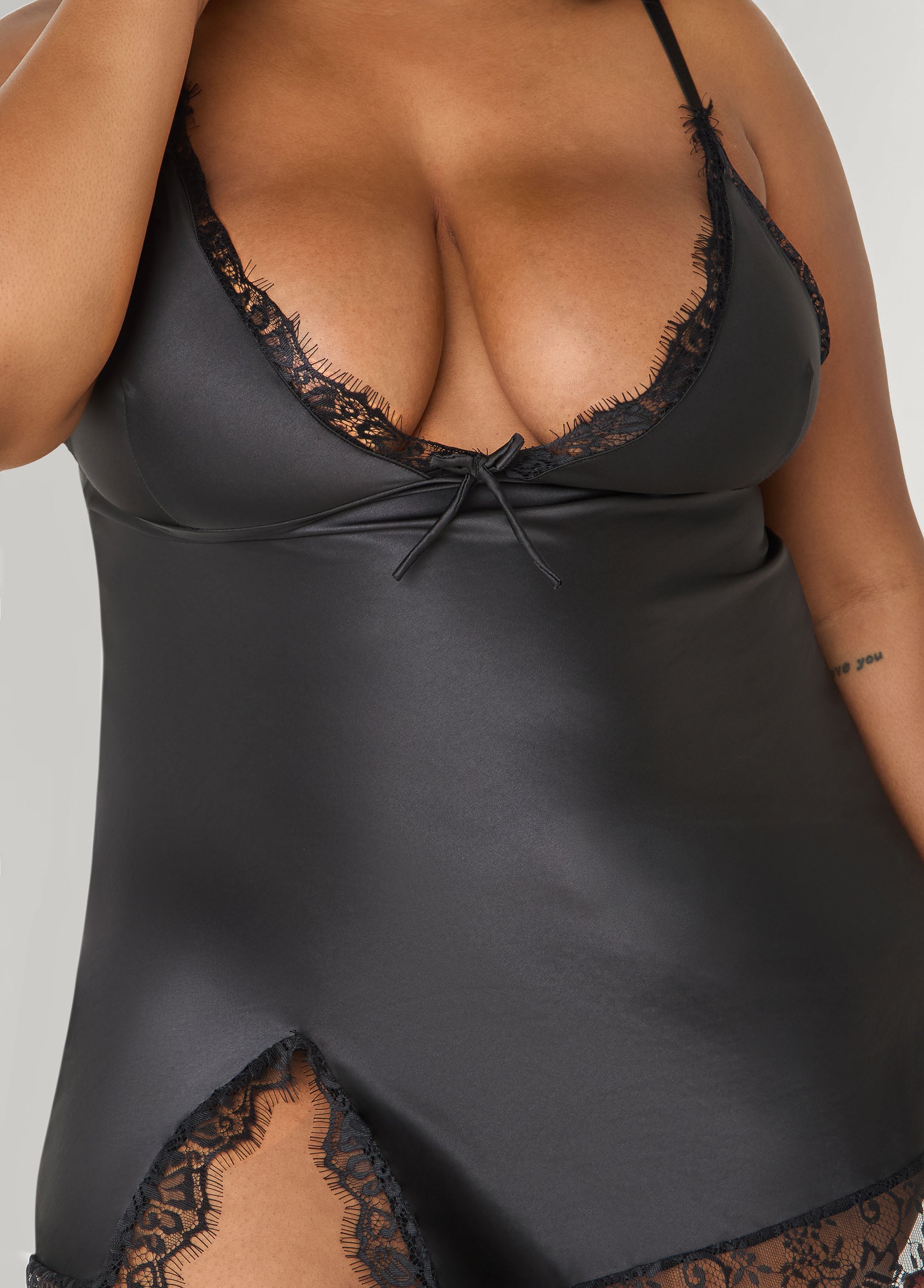 Lace Trimmed Satin Chemise Set Black | Ashley Stewart