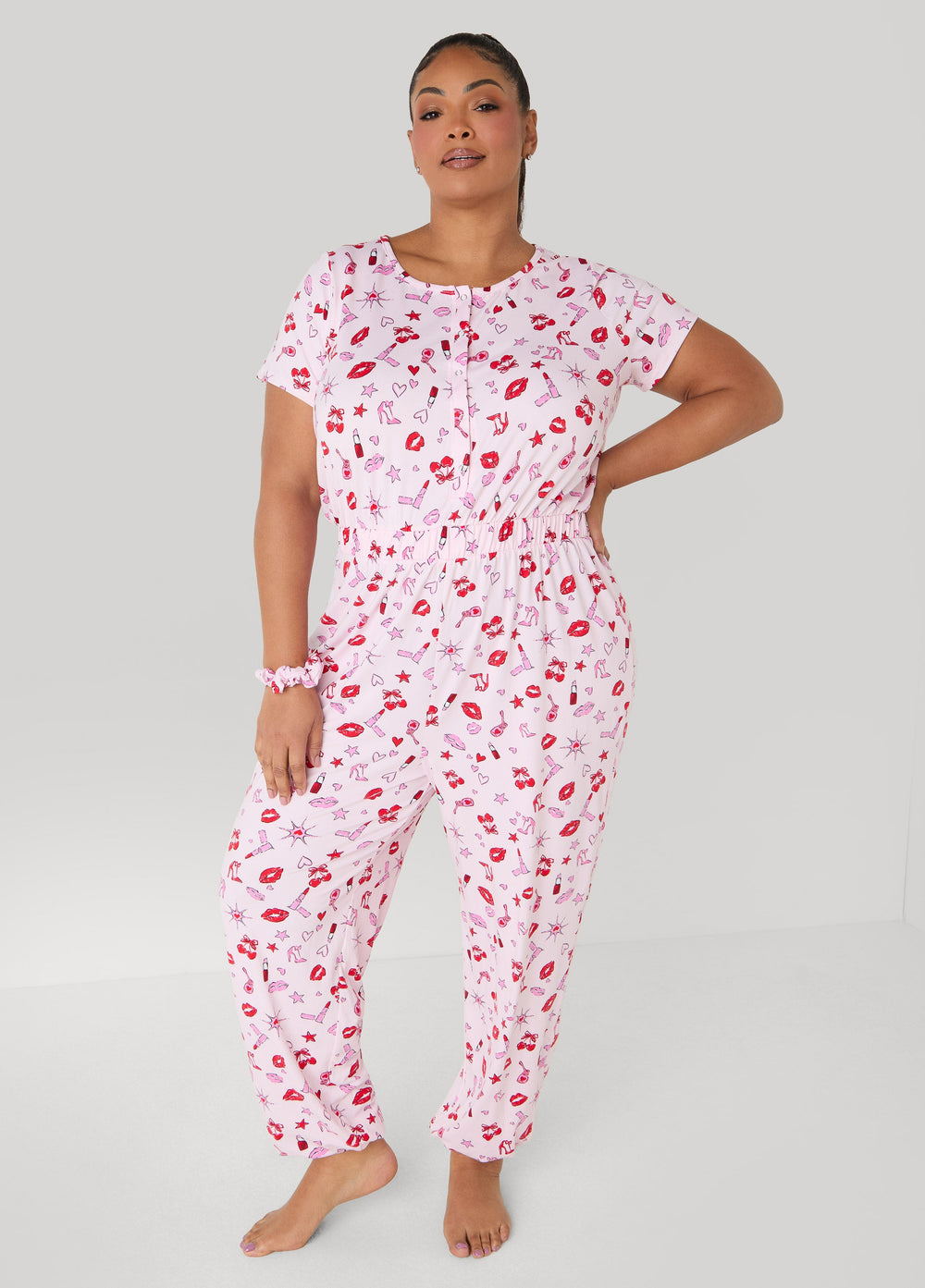 Moon To Noon Kiss Print Jumpsuit Set Pink | Ashley Stewart
