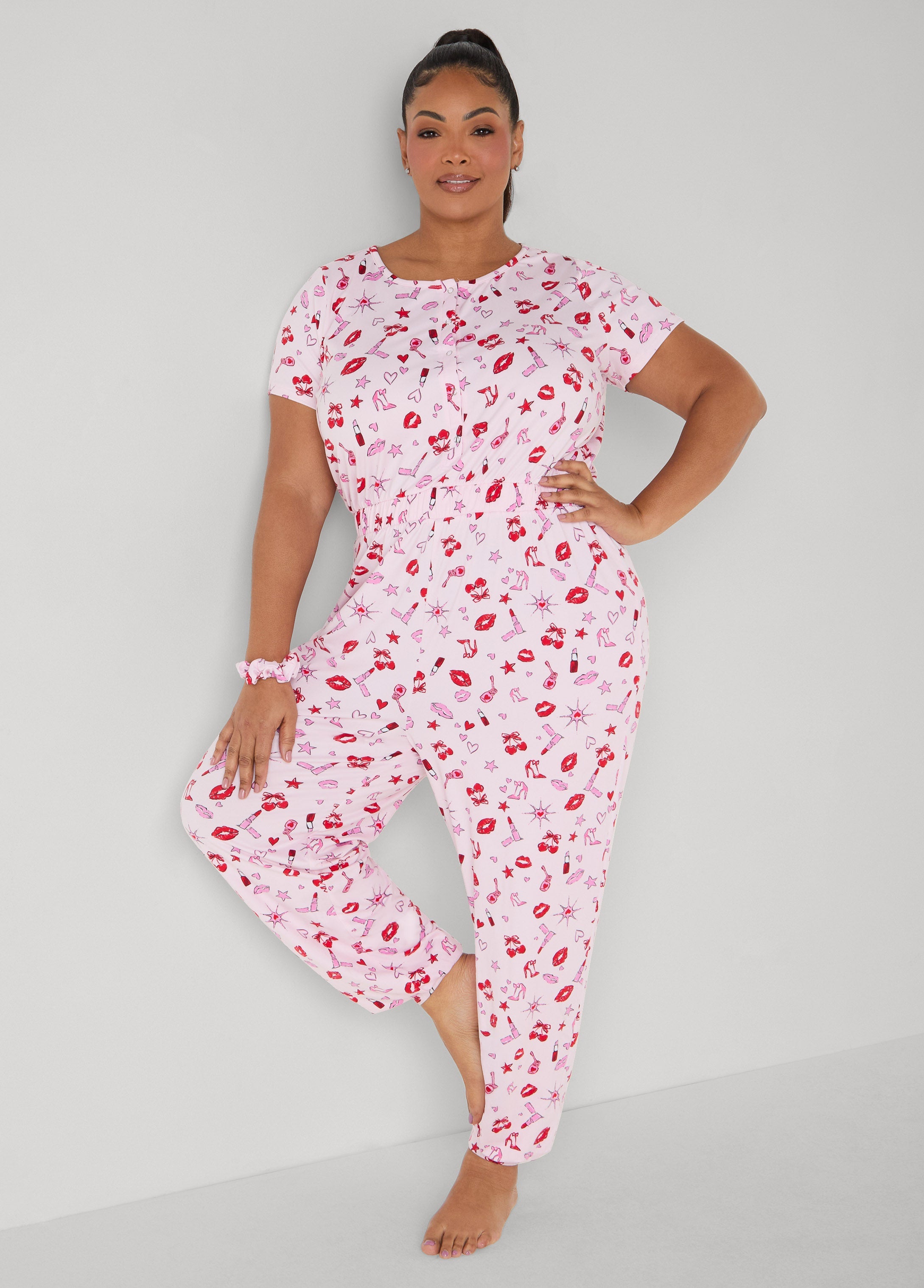 Moon To Noon Kiss Print Jumpsuit Set Pink | Ashley Stewart