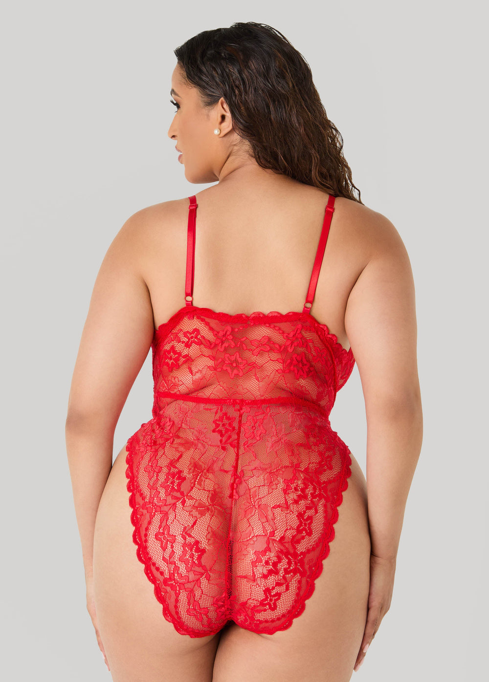 Corded Lace V Neck Bodysuit Red | Ashley Stewart