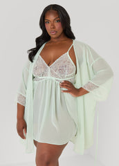 Lace Paneled Babydoll And Robe Set Green | Ashley Stewart