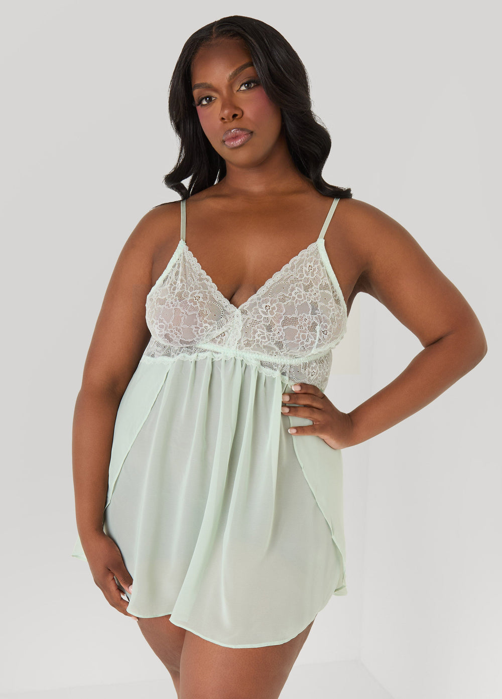 Lace Paneled Babydoll And Robe Set Green | Ashley Stewart