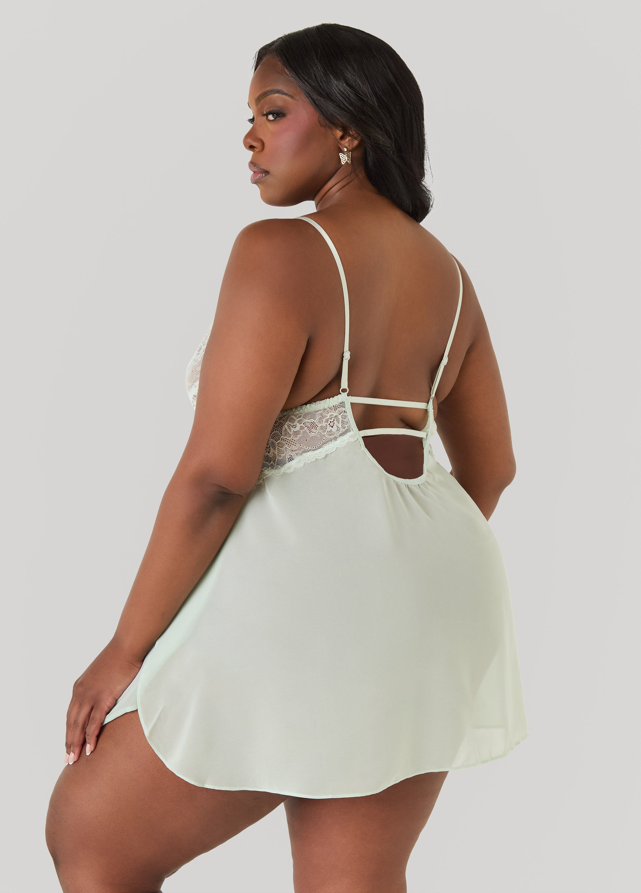 Lace Paneled Babydoll And Robe Set Green | Ashley Stewart