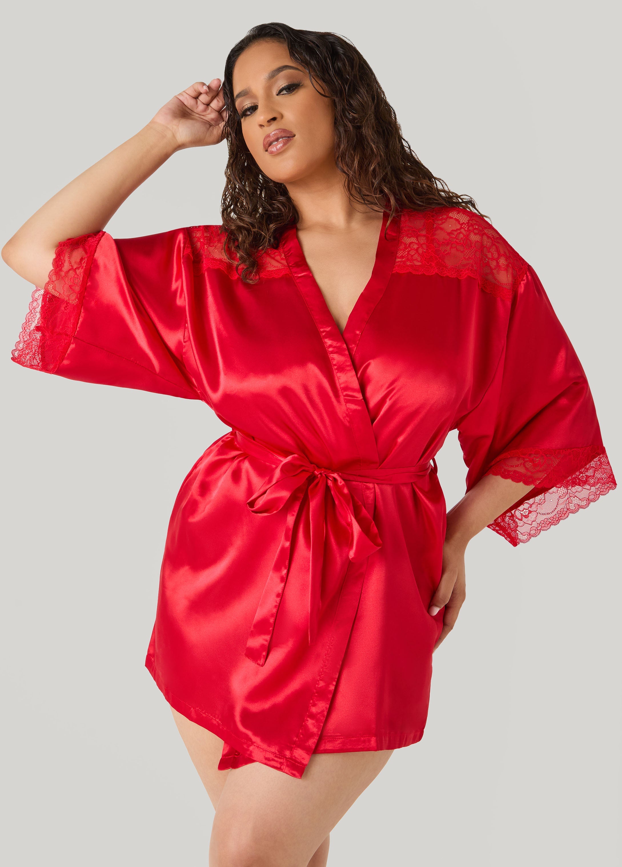 Lace Paneled Satin Robe Red | Ashley Stewart