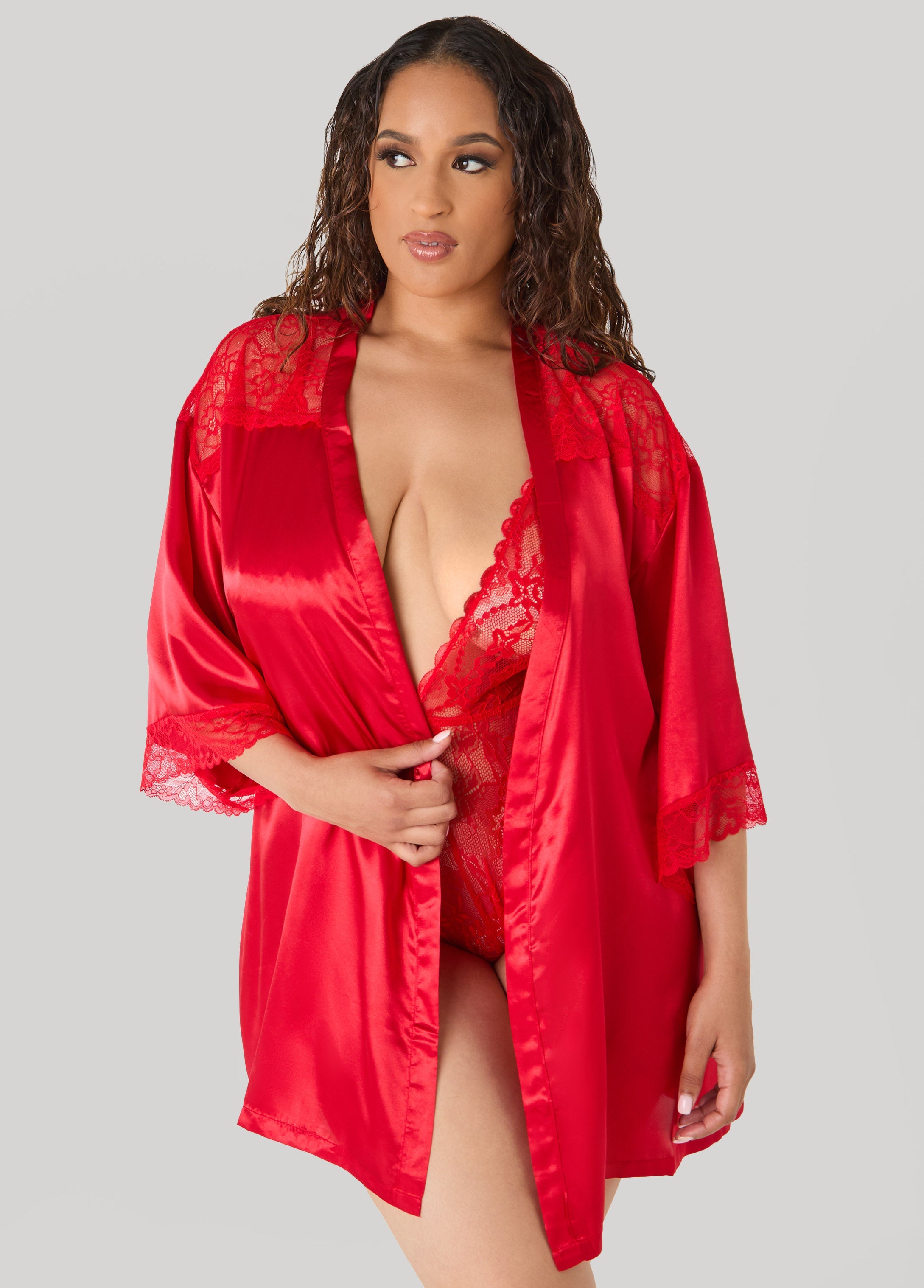 Lace Paneled Satin Robe Red | Ashley Stewart