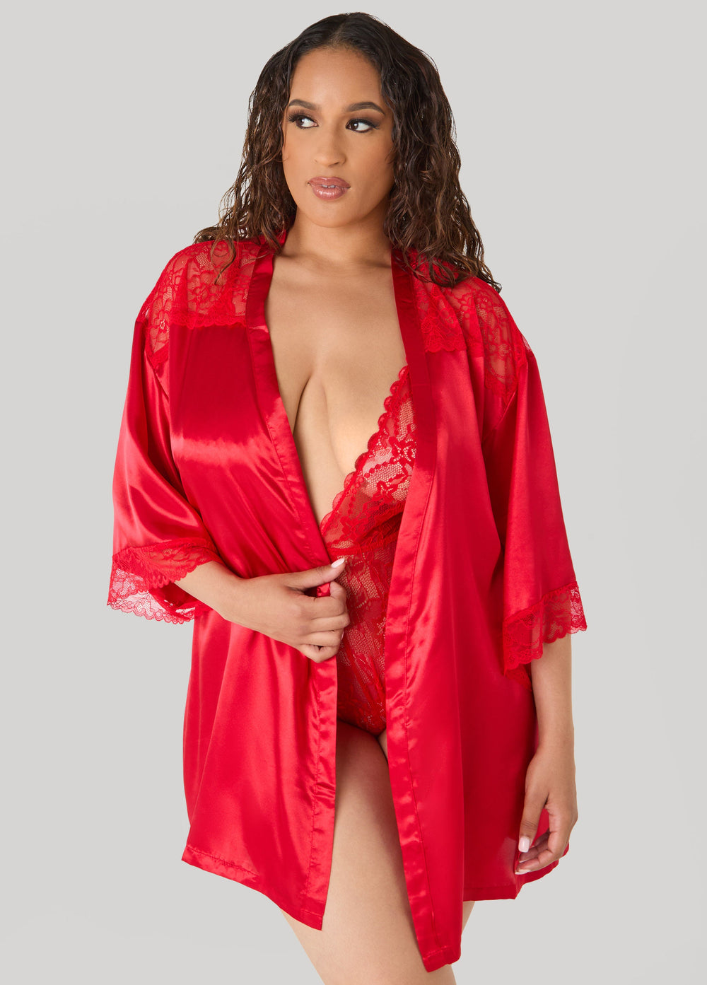 Lace Paneled Satin Robe Red | Ashley Stewart