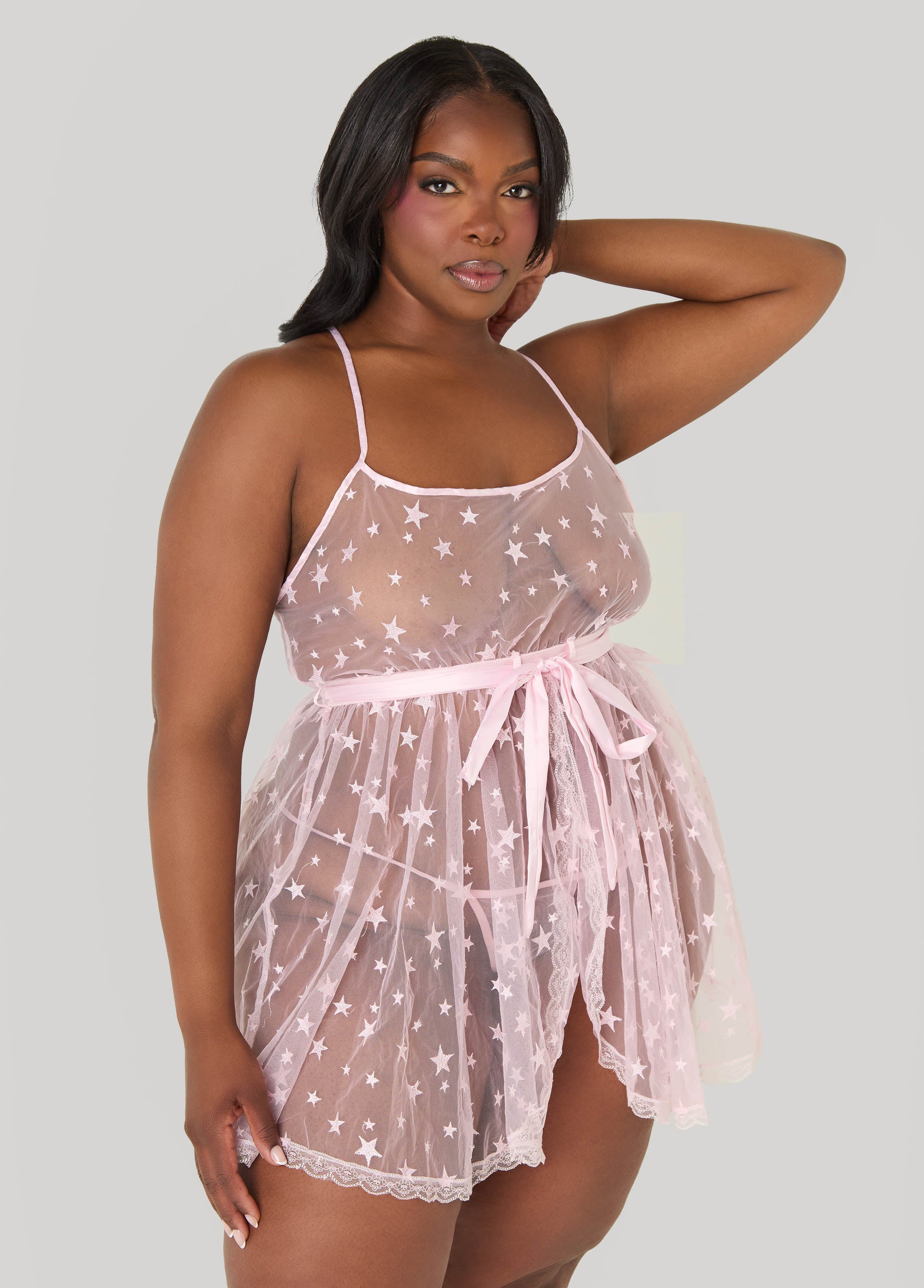 Star Mesh Babydoll Set White | Ashley Stewart
