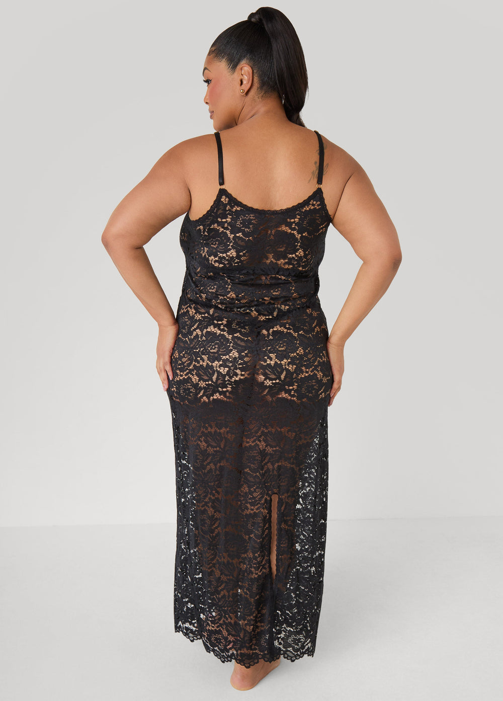 Floral Lace Lingerie Gown Black | Ashley Stewart